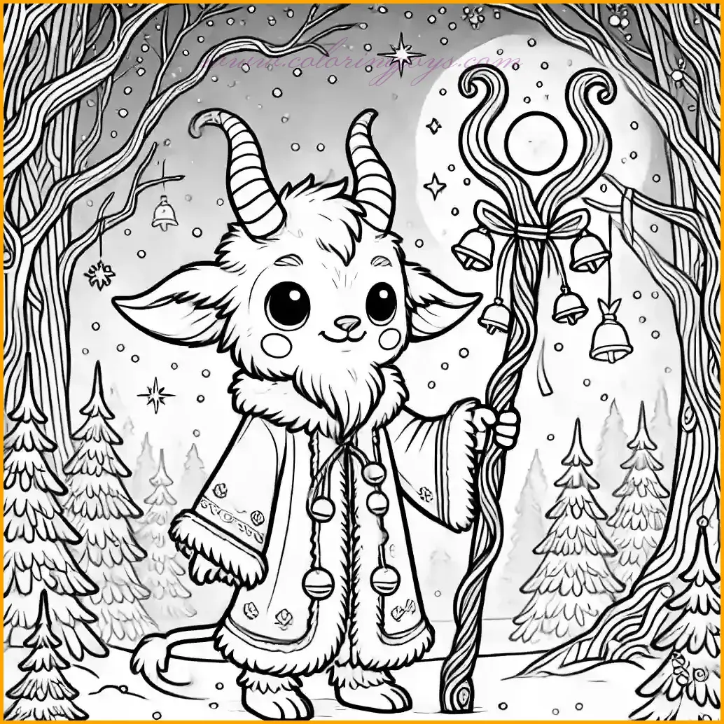 This coloring page presents a mythical version of Krampus standing in an enchanted snowy forest, holding a glowing staff adorned with bells and ribbons. His design features small, curved horns, a long flowing cloak, and a playful yet magical expression. The background includes mystical trees, twinkling stars, and light snowfall, creating an otherworldly and captivating scene. Kids can use shimmering colors for the staff and ribbons, soft blues and whites for the snow, and vibrant tones for Krampus’s cloak, making this an exciting and imaginative holiday-themed coloring activity.