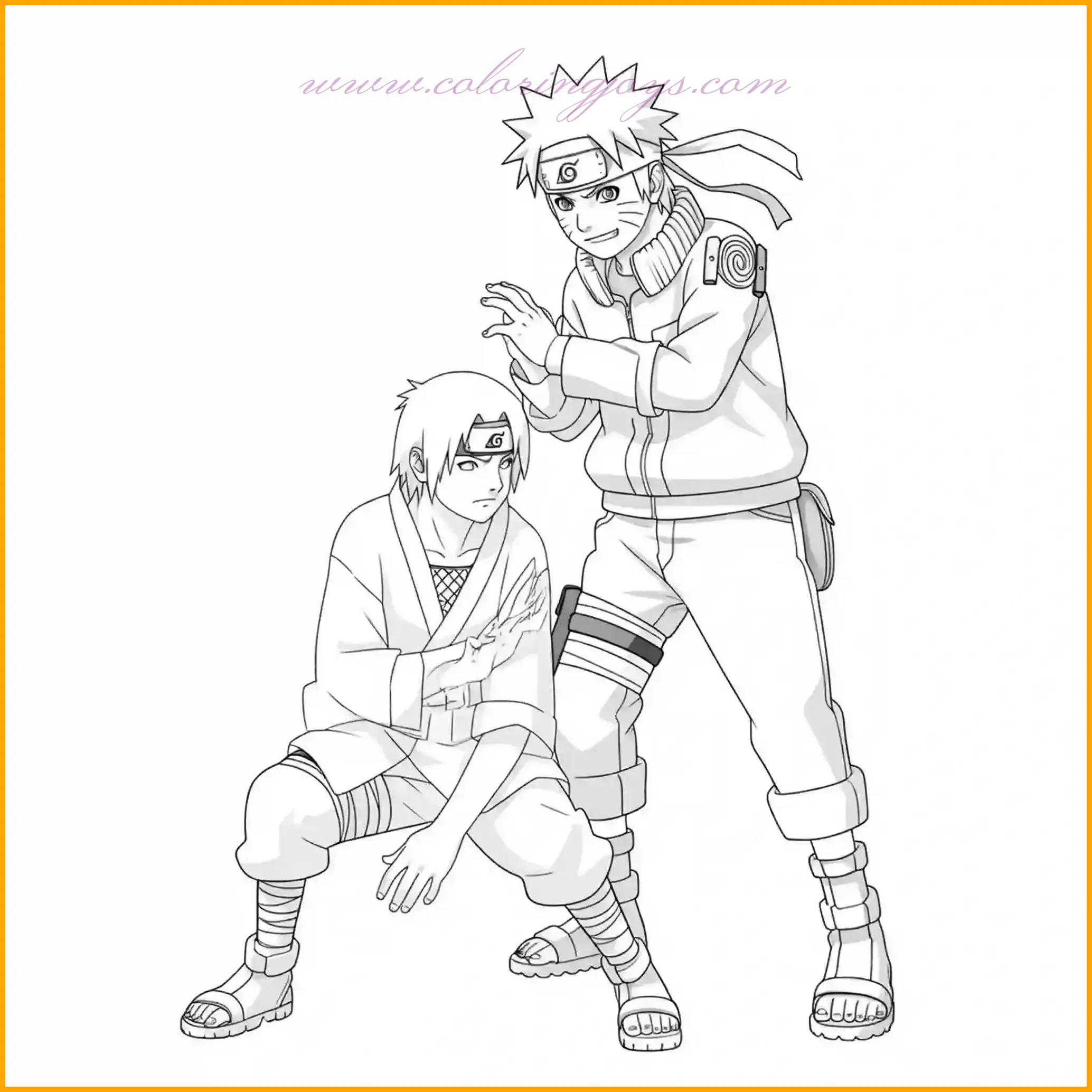 Naruto is seen patiently helping a young villager practice basic ninja techniques in the Hidden Leaf Village. Naruto’s orange jacket and the villager’s simple training outfit create a nice contrast. For coloring, use bright orange and black for Naruto, soft neutral tones for the villager, and green and brown for the lush village surroundings. Add warm tones to highlight Naruto’s encouraging smile and the hopeful expression on the villager's face.
