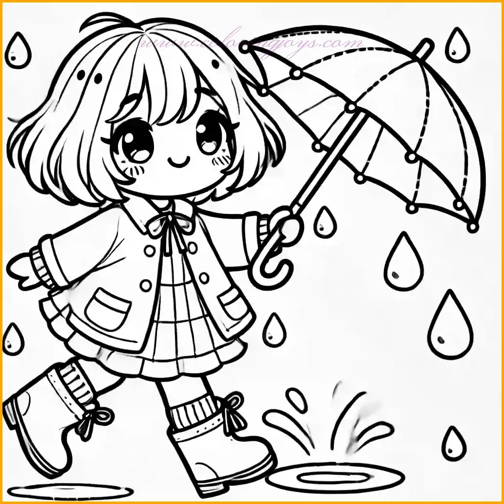 This outline drawing features a cute cartoon-style girl holding an umbrella with a joyful expression. She is dressed in a raincoat and boots, ready for a rainy day, while her short hair appears slightly windswept. The background includes simple details like raindrops and a small puddle, making it engaging yet easy for children to color. The thin and clear lines ensure that young artists can enjoy bringing the rainy scene to life with their choice of bright and cheerful colors.