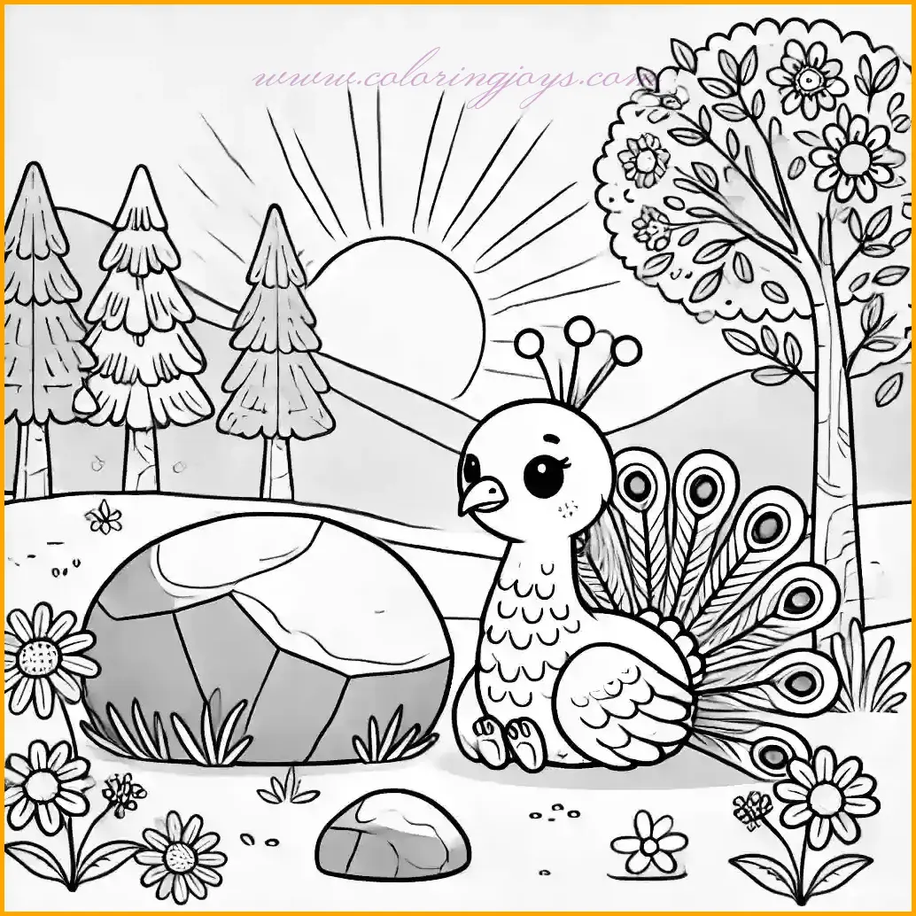 This tranquil coloring page shows a peacock resting peacefully near a large rock in a serene forest clearing. A few wildflowers bloom nearby, and the background includes simple trees and a soft sunbeam shining through. The design is made with bold and clear outlines, making it easy and enjoyable for children to color. Use shades of blue and green for the peacock, gray for the rock, and vibrant colors like yellow and pink for the wildflowers. The trees can be a soft green, and the sunbeam can be left white or lightly colored yellow for a warm, natural touch.