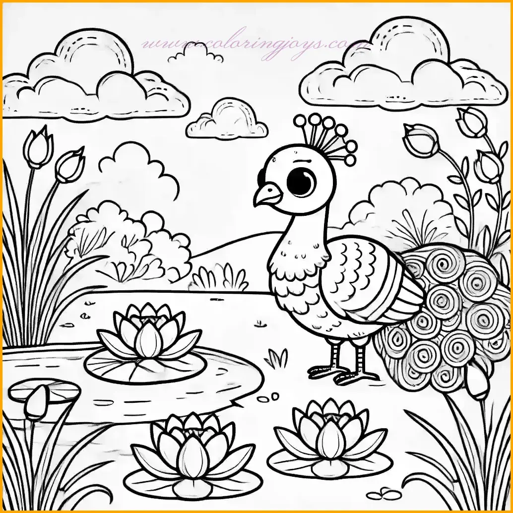 This charming coloring page depicts a cute peacock standing gracefully by a small pond adorned with blooming lotus flowers. The scene is enhanced by a few tall reeds and a serene background featuring a clear sky with a single fluffy cloud. The bold outlines make it simple for children to color. Use shades of blue and green for the peacock, pink for the lotus flowers, and soft greens for the reeds. The pond can be a gentle blue, and the cloud can remain white for a clean and vibrant finish. This tranquil image is perfect for creative coloring fun!