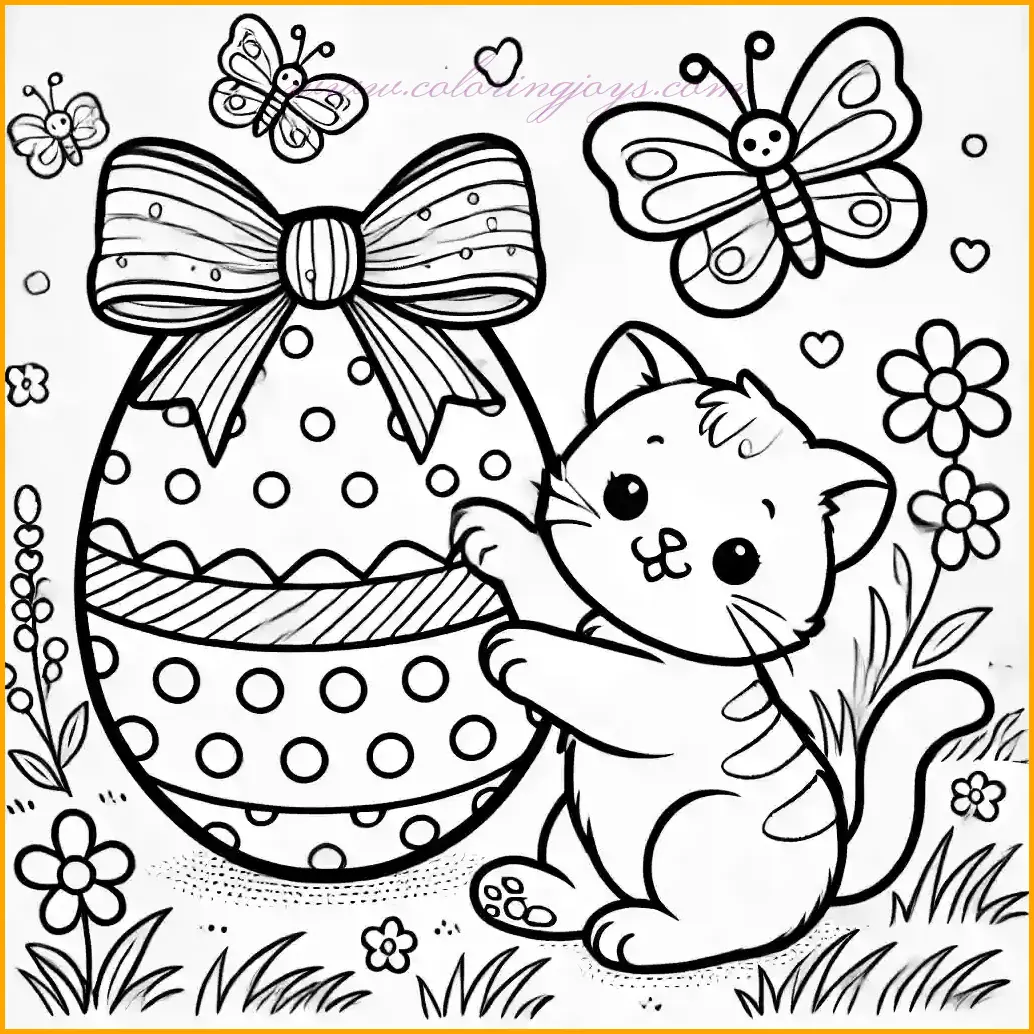 This delightful coloring page showcases an Easter egg decorated with a polka dot pattern and a cute bow wrapped around it, making it a perfect scene for young artists. Next to the egg, a playful kitten is interacting with the ribbon, adding a lively and fun element. The simple meadow background features a few blades of grass and butterflies fluttering nearby, creating a serene yet engaging setting. Children can use bright colors for the egg, playful tones for the kitten, and soft shades for the meadow and butterflies, making the picture come to life. The clear and thin outlines ensure an easy and enjoyable coloring experience.