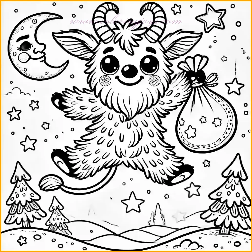 This delightful coloring page shows Krampus joyfully jumping with his sack of toys under a sparkling night sky filled with stars and a crescent moon. He has a cute and friendly appearance, with expressive eyes, small horns, and a happy grin. The snowy hills and simple trees in the background add a serene and festive touch. Kids can have fun coloring Krampus with bright tones, making the stars and moon glow with yellow, and using blues and whites for the wintry landscape. This page is perfect for a cheerful and creative activity!