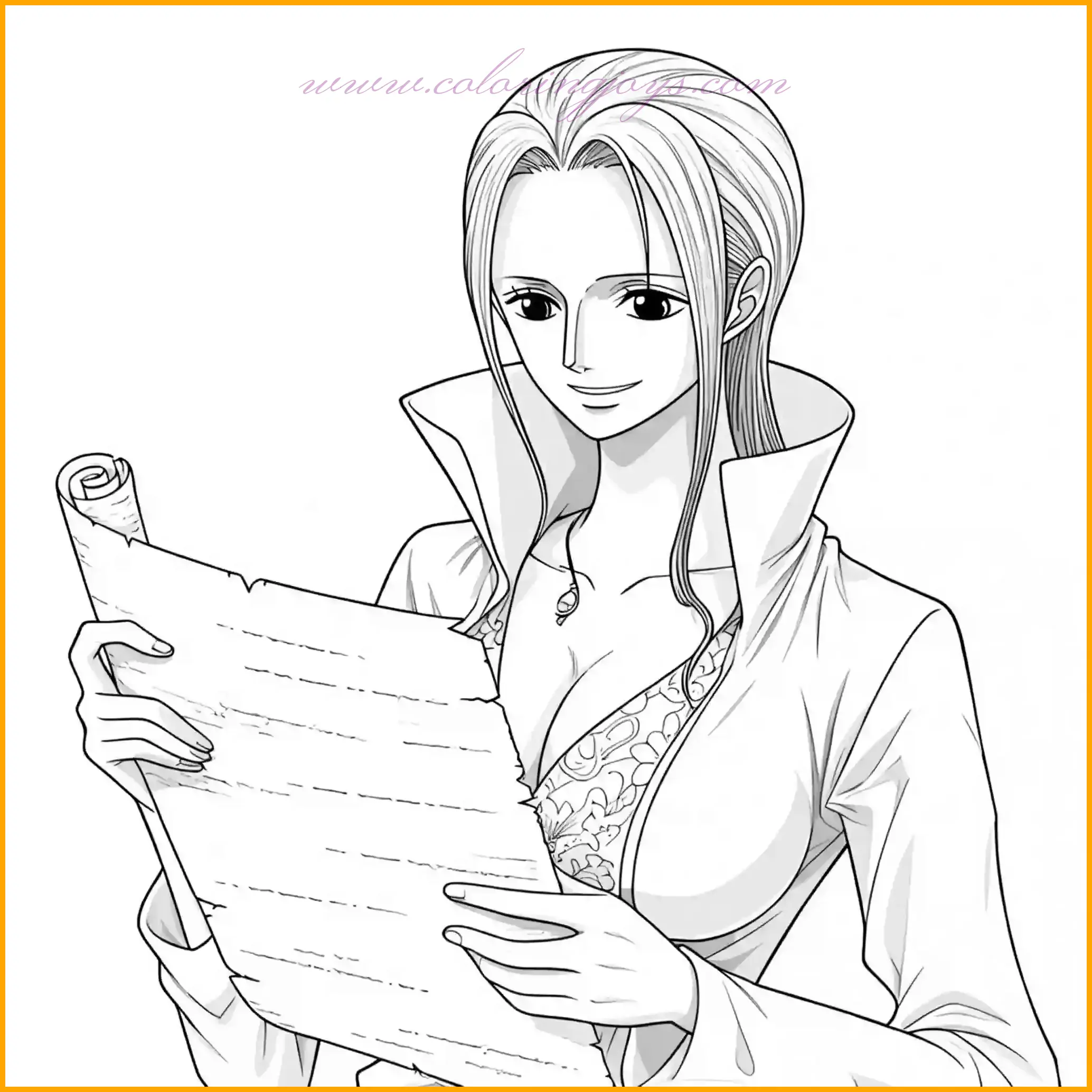This intricate coloring page features Robin from One Piece deeply engaged in examining an ancient scroll. Her hair can be shaded in dark brown or black, and her outfit can include soft purples or blues to emphasize her intellectual and elegant character. The scroll can be detailed with subtle yellows and browns to resemble aged parchment, and you can add faint symbols or markings for extra creativity. The background can be kept simple or filled with warm tones like beige or cream to suggest a library or historical setting. This page is ideal for fans who love adding fine details and depth to their coloring.