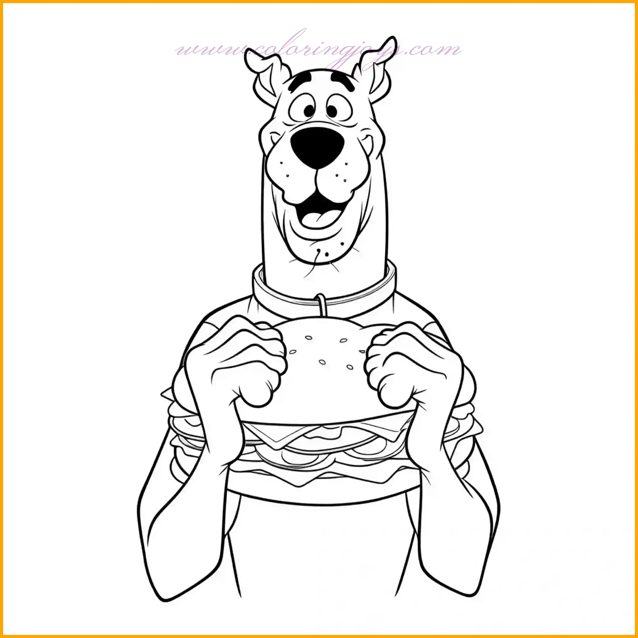 This delightful image of Scooby-Doo holding a massive sandwich with a joyful smile invites you to dive into a world of vibrant colors. Start by coloring Scooby-Doo’s fur in warm brown tones, accentuating his black spots for added detail. The sandwich provides a fantastic opportunity to use a variety of colors: bright greens for lettuce, rich reds for tomatoes, golden yellow for cheese, and natural browns for bread. The background can be kept neutral or pastel-toned to ensure the sandwich and Scooby stand out. This picture not only offers a fun coloring experience but also enhances creativity by letting young artists experiment with layering and shading to bring out the delicious details of the sandwich.