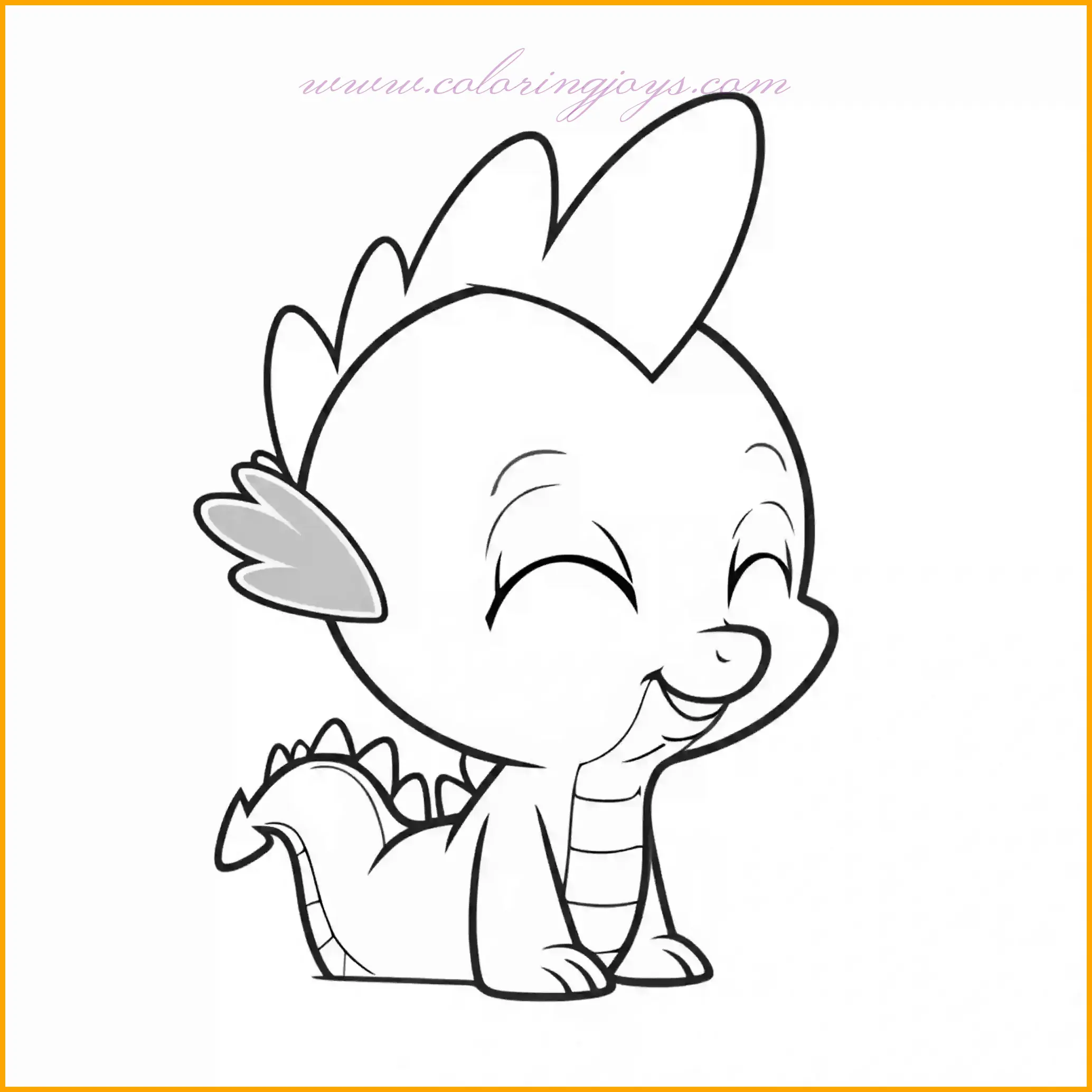 This fun My Little Pony coloring page highlights Spike, the friendly dragon, with a wide smile and a joyful expression. Use shades of green for Spike’s body, with purple for his scales and spikes, and add subtle highlights to bring his cheerful personality to life. The background can be a simple gradient of blue and yellow, or a festive setting with confetti and balloons to emphasize the happiness in the scene. This page is great for fans of Spike and offers opportunities for bright and bold coloring choices.