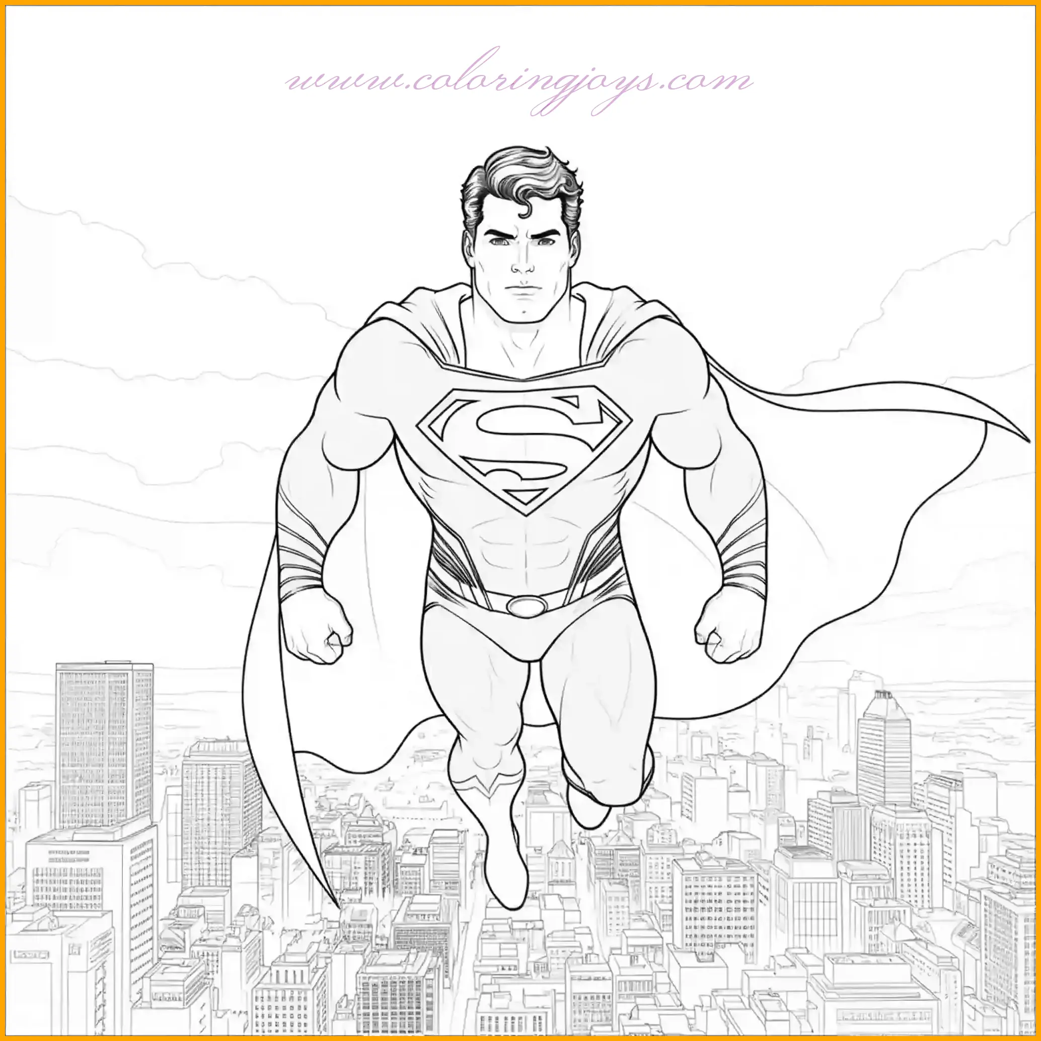 Superman is flying high above a sprawling city, offering a bird’s-eye view of skyscrapers and bustling streets. For the cityscape, use a variety of gray tones for the buildings, with occasional touches of beige, brown, or blue to reflect different materials. Add light blue windows and hints of green for trees or parks. The sky can be a bright daytime blue, fading into white near the horizon. Superman’s suit should pop against the urban backdrop: use a vibrant royal blue for his body suit, bright red for his cape and boots, and golden yellow for his emblem and belt. To enhance the depth of the scene, shade the lower parts of buildings with darker tones and highlight Superman with brighter colors to make him stand out.