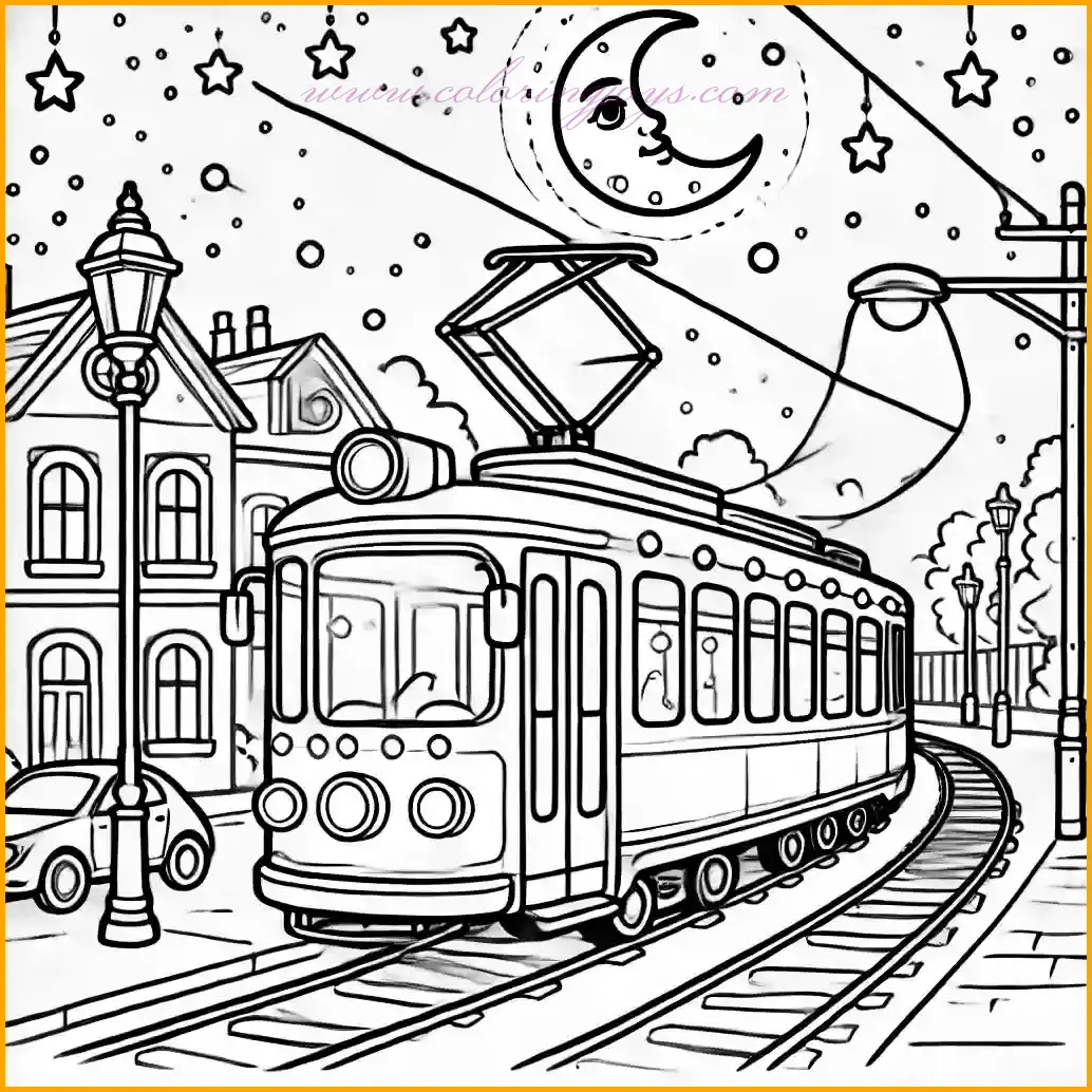 This serene illustration features a tram traveling through a quiet street at night, with glowing lights along its sides. The tram has large windows, a rounded roof, and an overhead electric line. The background includes a starry sky with a crescent moon and simple buildings along the street, all outlined in bold, clean lines for easy coloring. Kids can use yellow for the tram's lights, blue for the night sky, and their favorite colors for the tram and buildings to bring this peaceful scene to life.