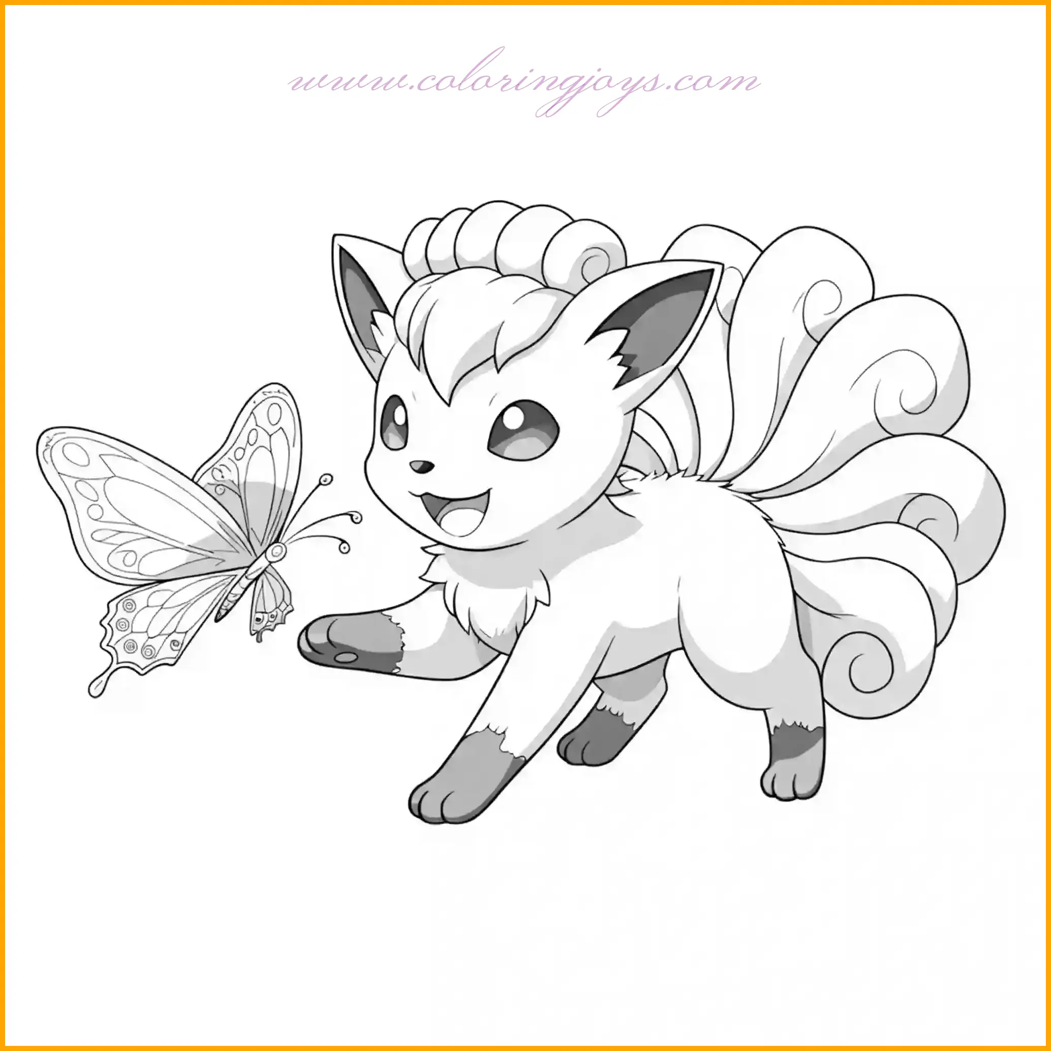 This delightful Pokemon coloring sheet features Vulpix playfully chasing a butterfly. Bring Vulpix to life with warm orange tones for its body and lighter cream for its underbelly. Add vibrant shades to the butterfly, like bright yellows and blues, to make it stand out. The grassy setting can be colored with greens, while a sunny sky adds a cheerful backdrop. This is a perfect choice for those looking for fun and creative Pokemon coloring sheets.