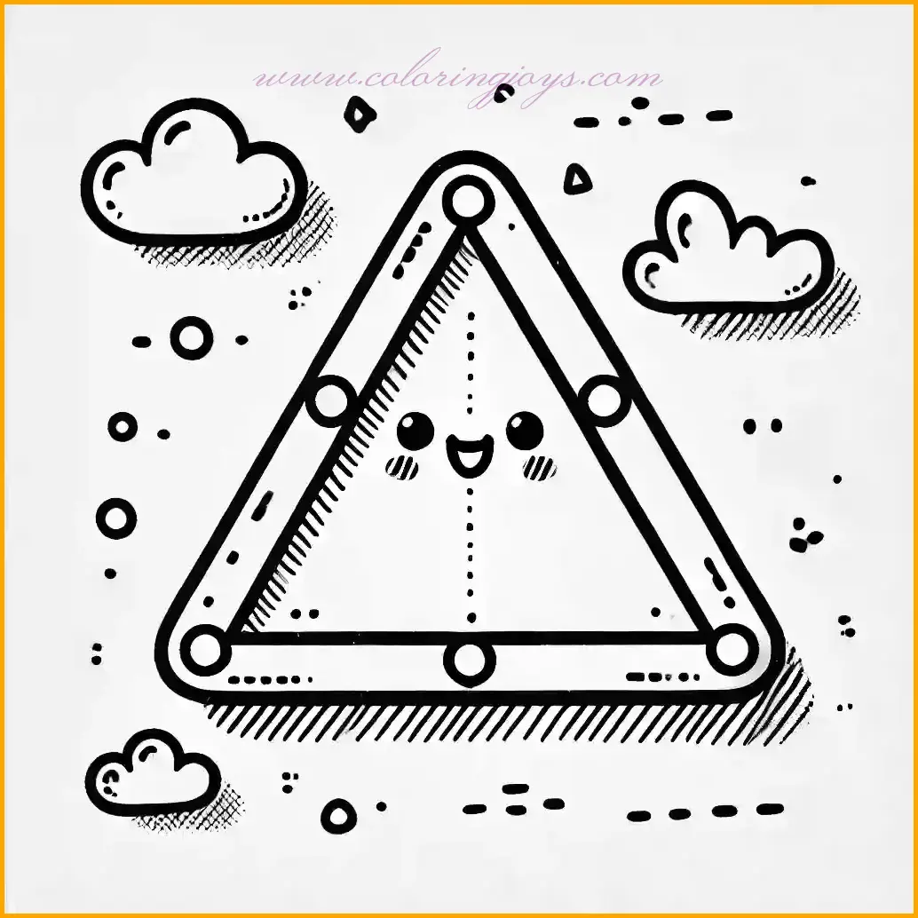 This delightful coloring page features an equilateral triangle placed slightly off-center with bold, clear outlines for easy coloring. Surrounding the triangle are small, fluffy clouds and dotted lines that suggest gentle movement, adding a playful and dynamic touch. Children can color the triangle using bright shades like orange or green and use soft blues or grays for the clouds. The dotted lines can be left uncolored or accented with vibrant hues. This page is perfect for teaching young learners about geometric shapes while encouraging creativity and fun.