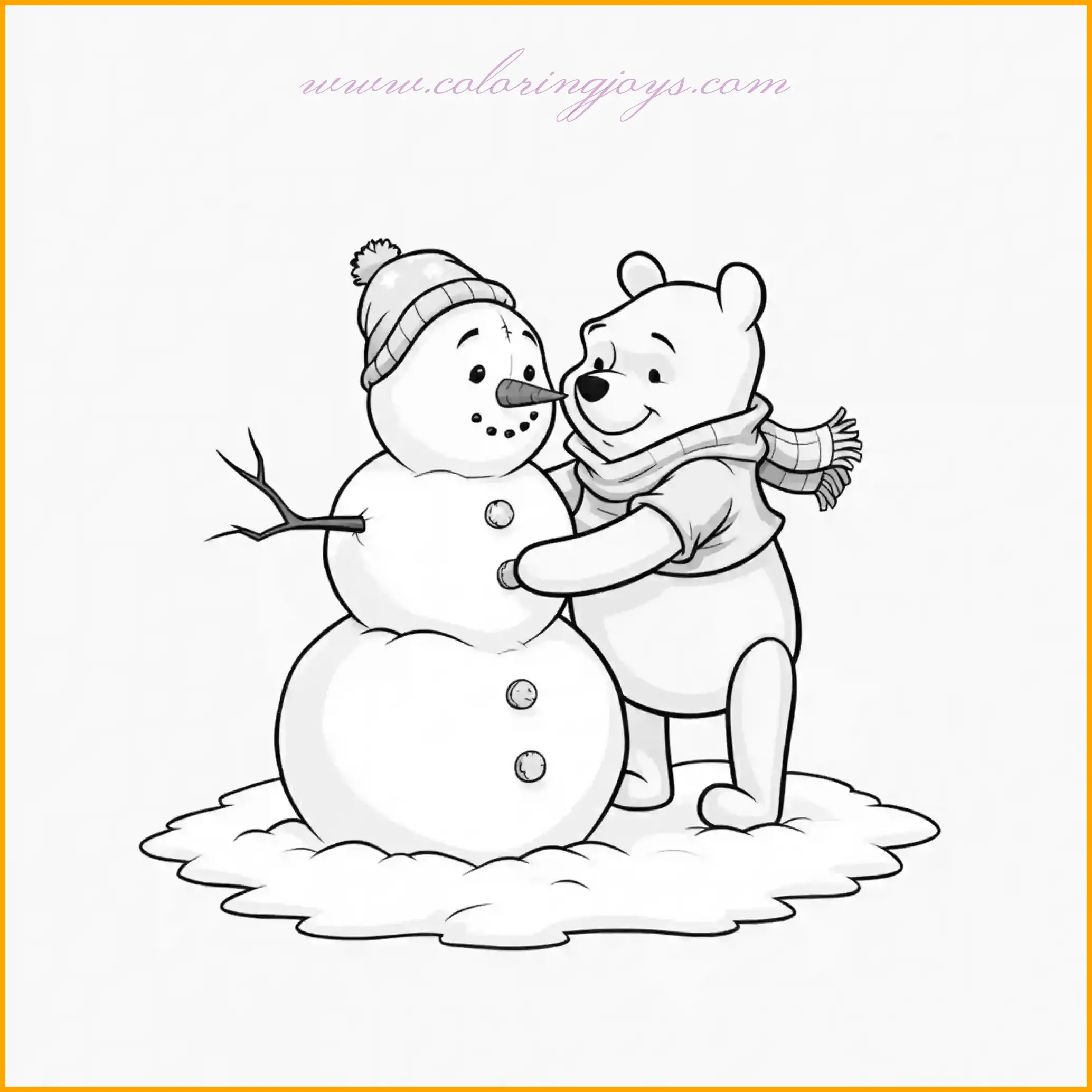 This adorable picture showcases Winnie the Pooh happily building a snowman in a snowy wonderland. Pooh is wearing a cozy scarf, and the snowman has a carrot nose and a top hat. Use white and light blue shades for the snow, red and green for Pooh's scarf, and orange for the snowman's nose. Add a sparkling winter sky in the background to enhance the seasonal joy.