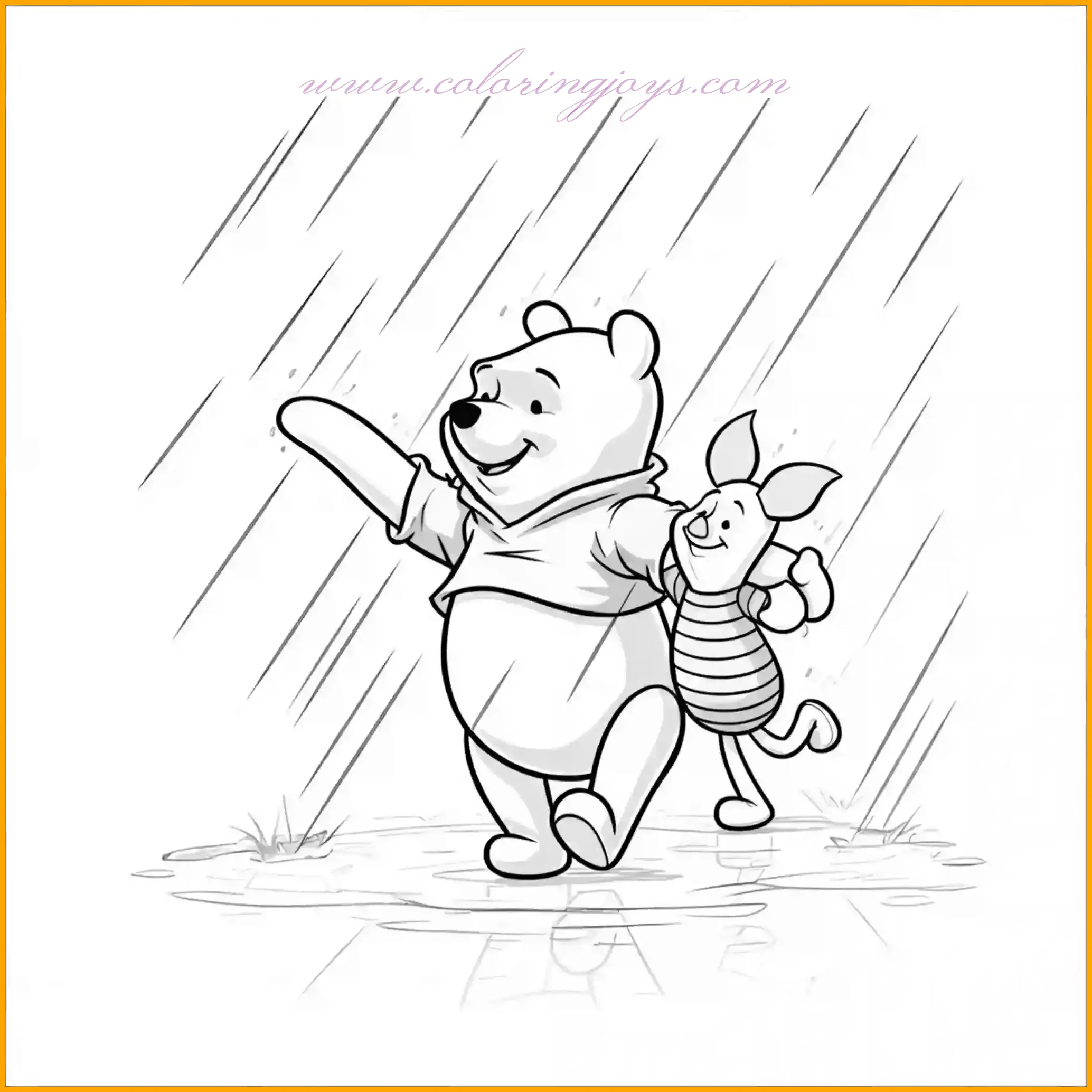 In this lively scene, Winnie the Pooh and Piglet are dancing under the rain with big smiles on their faces. Both are holding colorful umbrellas, and small puddles surround them. Use bright colors for the umbrellas, light blues for the rain, and soft yellows and pinks for Pooh and Piglet. Add raindrops and reflections in the puddles to complete this playful moment.