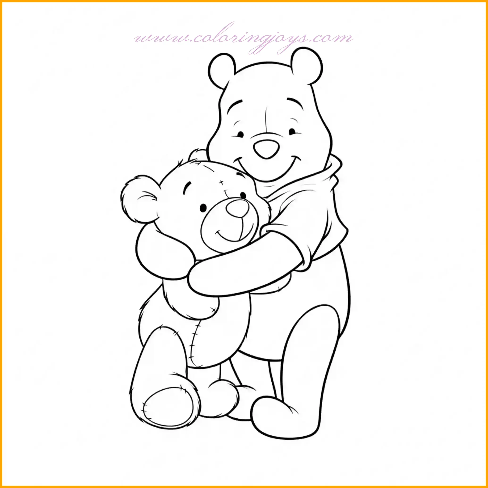 This heartwarming coloring page features Winnie the Pooh embracing a soft teddy bear with a joyful smile. The cozy atmosphere of this scene makes it perfect for adding warm and cheerful colors. Use classic yellow for Pooh and add brown tones for the teddy bear to give it a soft and cuddly feel. Enhance the background with subtle pastel shades like light pink or lavender for a calming effect. You can also include green grass or a simple indoor setting, adding small decorative details like cushions or toys to complete the image.