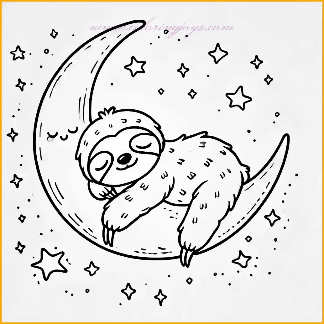 This charming outline drawing showcases a cute sloth resting peacefully on a crescent moon, surrounded by a sprinkle of small stars. Its tranquil expression invites creativity as young artists choose soothing colors to bring the scene to life. The crescent moon and stars provide extra detail while maintaining large, easy-to-color spaces. Use soft yellow for the moon, bright shades for the stars, and let your imagination decide the perfect hues for the sleepy sloth. The plain white background ensures a clean and clear coloring experience!