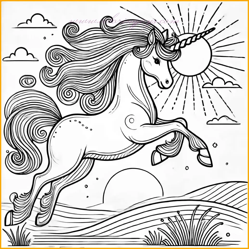 This energetic coloring page of a unicorn showcases the magical creature galloping across a wide-open plain, its mane and tail flowing dramatically in the wind. Its spiral horn sparkles brightly, adding a touch of magic to the scene. The minimalist background features a few simple hills and a shining sun, creating a cheerful and uplifting atmosphere. The smooth, thin outlines provide large open spaces for easy and enjoyable coloring. Vibrant shades for the unicorn’s mane and sunny tones for the background can bring this dynamic coloring page of a unicorn to life, perfect for adult coloring enthusiasts.