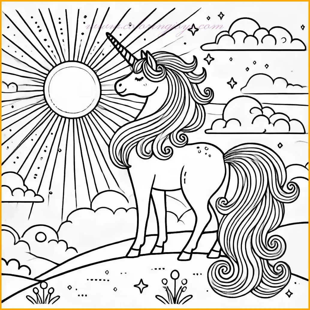 This coloring page of a unicorn captures the magical creature standing proudly on a hilltop, looking upward with its mane and tail flowing in the wind. Its spiral horn glows brightly, adding a sense of wonder. The minimalist background features a rising sun and a few fluffy clouds, creating an uplifting and serene atmosphere. The outlines are thin and smooth, with ample open spaces for easy and enjoyable coloring. Bright, warm tones for the sun and soft, magical hues for the unicorn can bring this majestic coloring page of a unicorn to life, ideal for adult coloring enthusiasts.