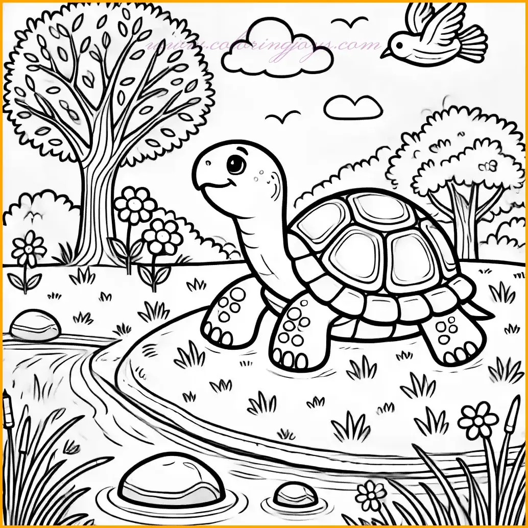 This picture of a tortoise for colouring shows the tortoise sitting comfortably on a small rock near a gentle stream. The background features lush grass, colorful flowers, a tall tree, and a sunny sky with a couple of birds flying above. The bold, clean lines and spacious design make it easy for children to color. Use green for the grass and tree, blue for the stream and sky, earthy tones for the rock and tortoise, and vibrant shades for the flowers and birds. This peaceful outdoor scene is perfect for creative and relaxing coloring activities.