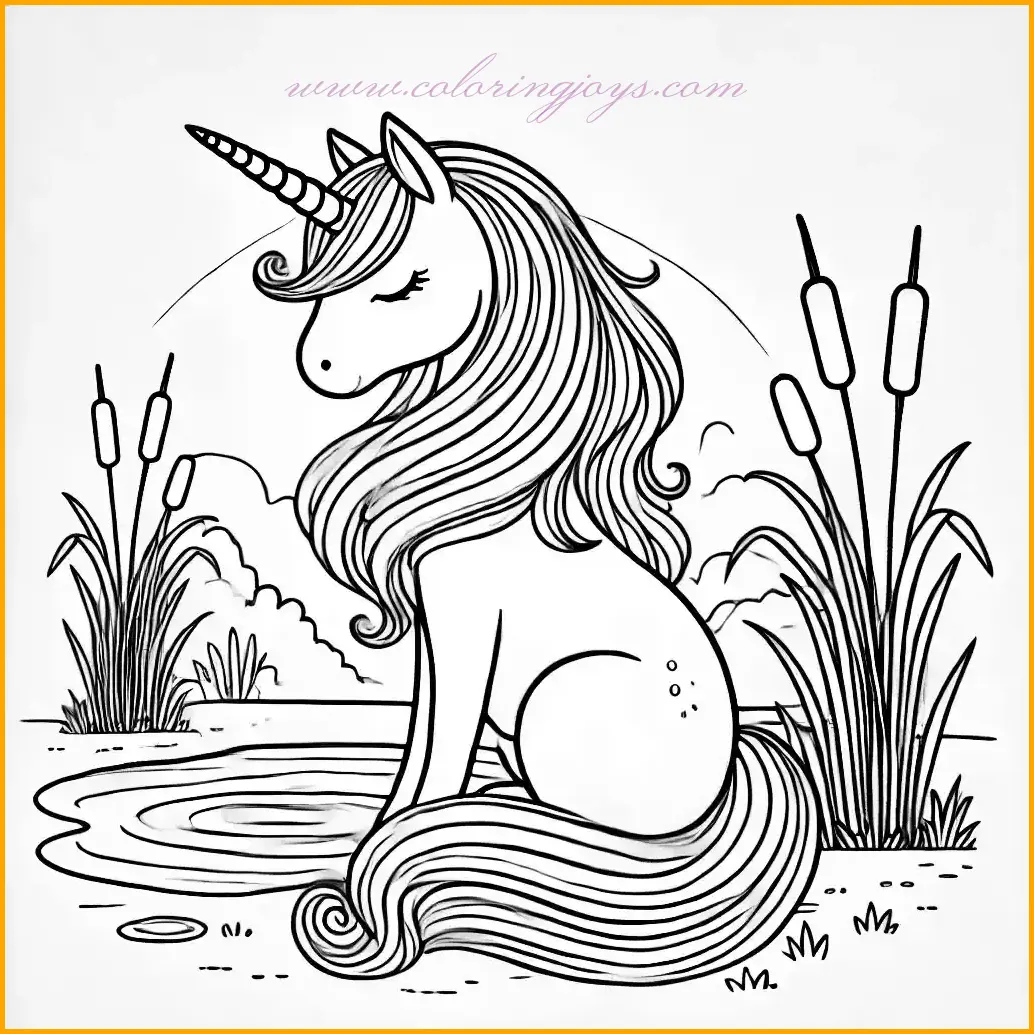 This coloring page of a unicorn captures a peaceful scene where the magical creature sits gracefully by a small pond. Its flowing mane rests gently, and its spiral horn shines softly, adding to the serene atmosphere. The minimalist background includes a few cattails and ripples in the pond water, maintaining a clean and simple design. The smooth and thin outlines provide large open spaces for easy and enjoyable coloring. Bring this tranquil coloring page of a unicorn to life with soft pastel tones or natural colors, perfect for adult coloring enthusiasts seeking relaxation.