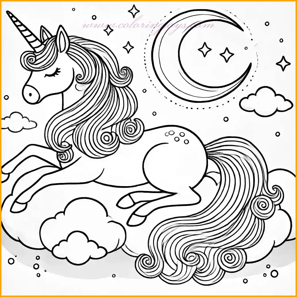 This coloring page of a unicorn features the magical creature sitting peacefully on a fluffy cloud, its mane cascading gently and its spiral horn glowing faintly. The minimalist background includes a few stars and a crescent moon, adding a serene and enchanting touch. The smooth, thin outlines create large open spaces for easy and enjoyable coloring. Use soft pastel hues for the cloud and stars, or experiment with vibrant tones to highlight the unicorn’s magical features. This whimsical coloring page of a unicorn is perfect for adult coloring enthusiasts seeking relaxation and creativity.