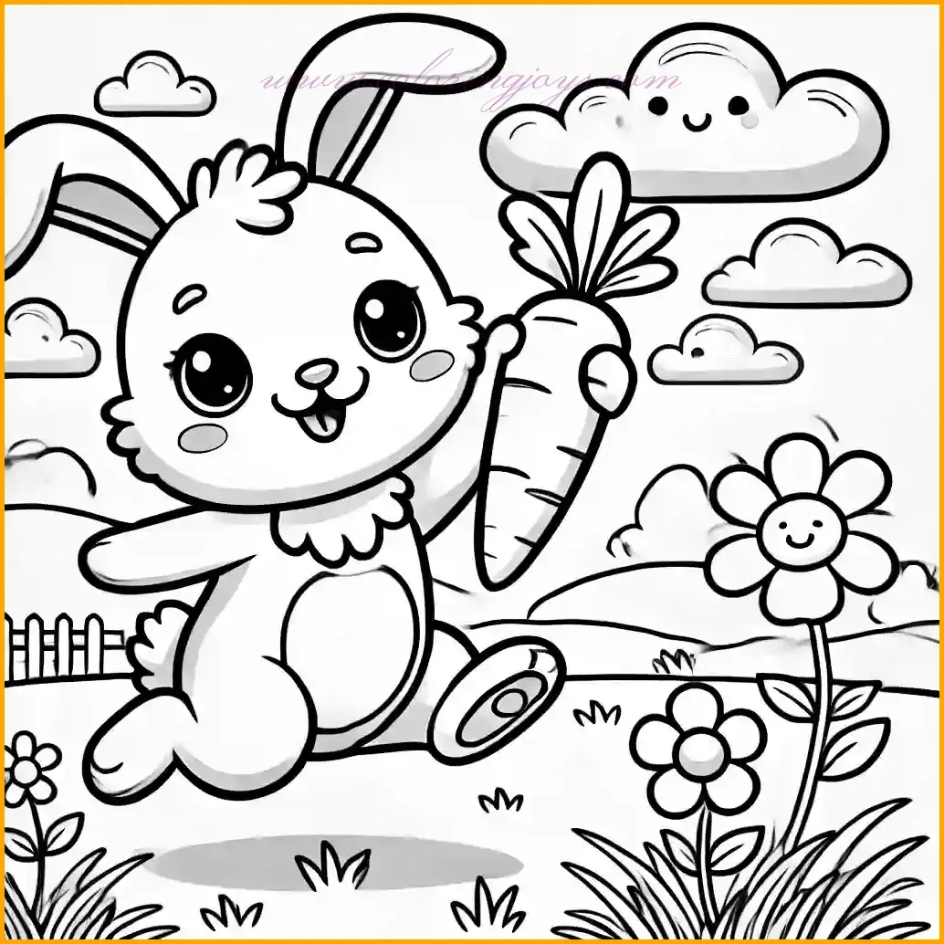 This picture features a playful rabbit hopping happily in a grassy meadow while holding a carrot. The rabbit has long floppy ears, big round eyes, and a joyful smile. A single flower grows in the meadow, and a fluffy cloud drifts in the clear sky above. The design is simple and child-friendly, with bold outlines and open spaces for easy coloring. Use light gray or white for the rabbit, orange for the carrot, green for the grass, and bright colors for the flower. The cloud and sky can be filled with soft white and blue tones.