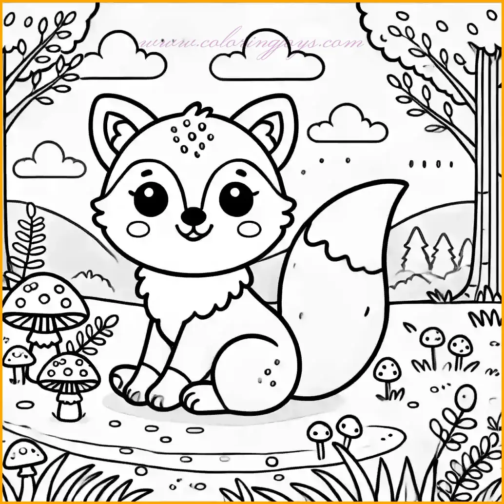 This charming coloring page features a cheerful baby fox with a fluffy tail, sitting peacefully in a serene forest clearing. The background includes small mushrooms, tall grass, and distant trees under a softly clouded sky. The design has bold outlines and open spaces, making it perfect for young artists to color with ease. Use warm shades for the fox’s fur, bright greens for the grass, and earthy tones for the mushrooms and trees. Let your creativity shine as you bring this delightful forest scene to life!