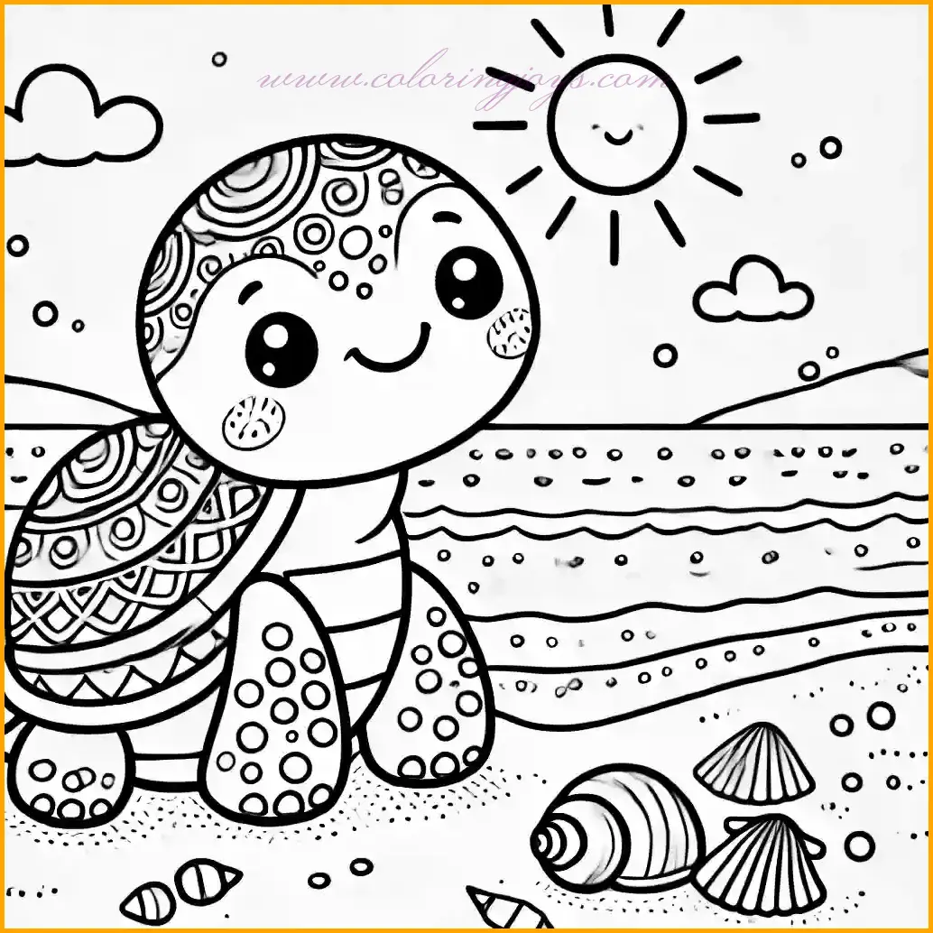 This cute coloring page features a happy baby turtle with a beautifully patterned shell, strolling along a sandy beach near the ocean. The background includes gentle ocean waves, a few scattered seashells, and a bright sun shining in the sky. The bold, clear outlines and open spaces make this design easy and fun to color. Start with the turtle’s shell and add vibrant shades to the ocean waves, golden sand, and sunny sky. This adorable scene is perfect for inspiring creativity and bringing a cheerful beach day to life!