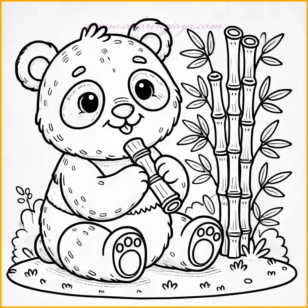 This charming coloring page features a cheerful panda bear sitting comfortably and munching on a bamboo stalk. The scene includes a grassy area and a few tall bamboo stalks in the background, creating a delightful natural setting. With bold outlines and open spaces, this design is perfect for children to color. Use black and white for the panda, shades of green for the bamboo and grass, and add your favorite background colors to complete this adorable wildlife image. Let your imagination make this panda scene come to life!