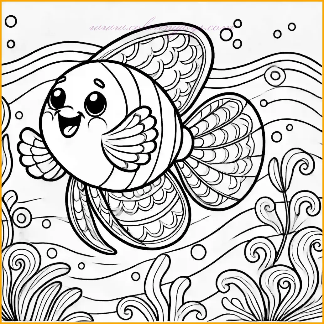 This angelfish coloring page showcases a cheerful angelfish with flowing fins, swimming in a simple ocean environment. The background features large, wavy water lines and a few oversized sea plants, adding an underwater theme while keeping the design minimalistic. The bold black outlines and large, open spaces make it ideal for young children to color easily. With its playful and whimsical style, this page provides a fun and creative way for kids to explore vibrant colors and bring the underwater scene to life!