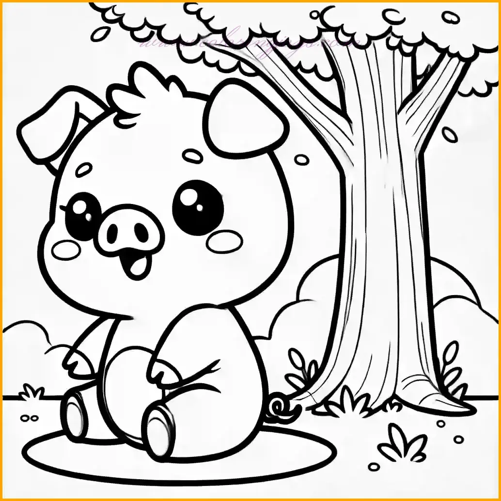 This delightful coloring page features a minimalist outline of an anime-style pig sitting happily under a tree. The pig has a round body, floppy ears, and a cheerful expression. The tree is simple, with a sturdy trunk and a few leaves, offering a peaceful backdrop. The white background and bold outlines make it easy to color, with large open spaces for children to enjoy adding their favorite colors. Use shades of pink for the pig, brown for the tree trunk, and green for the leaves to bring the scene to life!