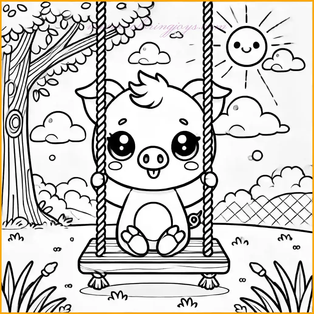 This charming coloring page features a minimalist outline of an anime-style pig enjoying a swing in a simple natural setting. The pig is small and cheerful, holding onto the swing ropes with a happy expression. The background includes a simple tree, a grassy area, and a bright sky with fluffy clouds, creating a peaceful and playful scene. The bold outlines and spacious design make it ideal for children to color. Use pink for the pig, brown for the swing, green for the grass, and blue and white for the sky to complete the delightful outdoor scene!