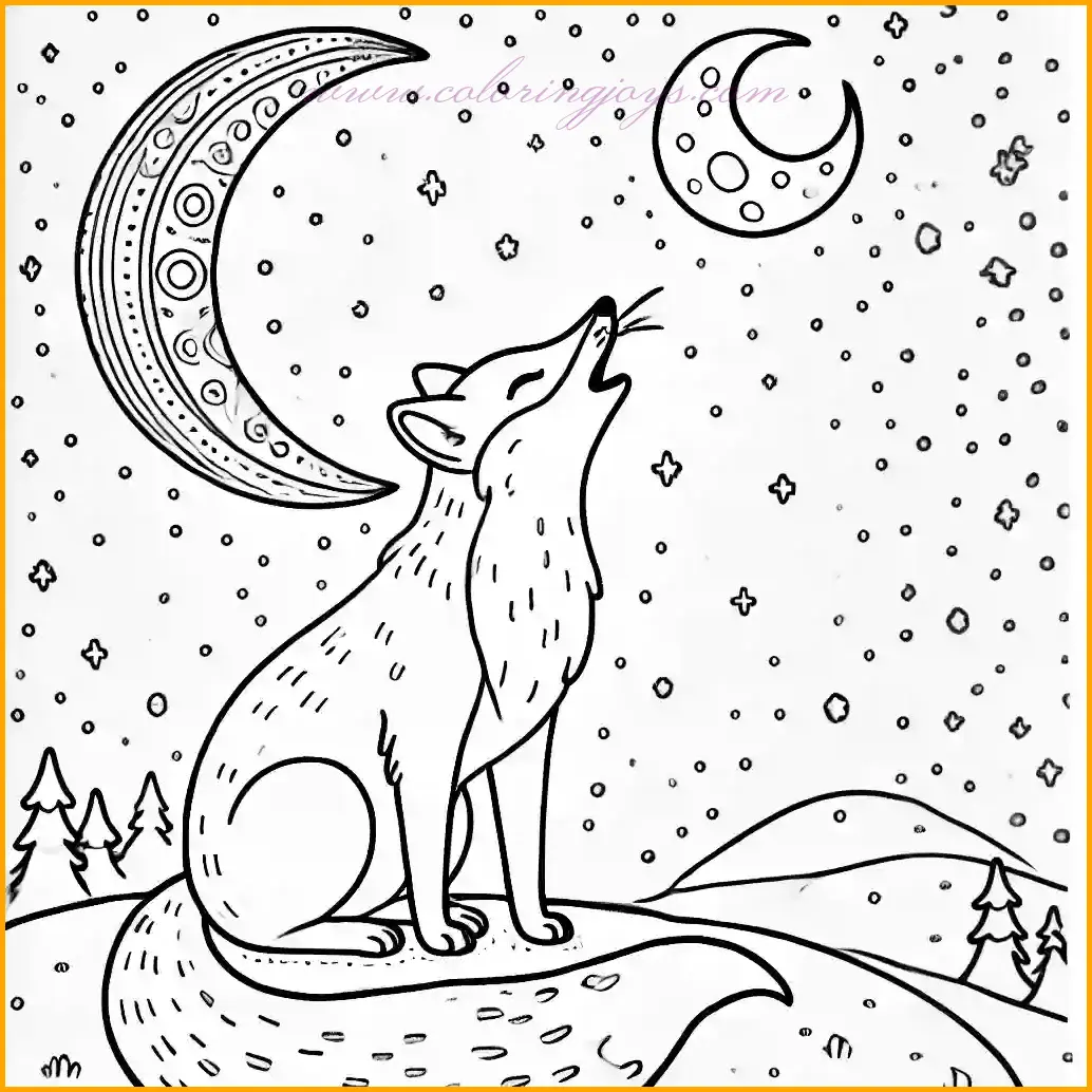 This enchanting line art illustration shows an arctic fox sitting on a snowy hill, howling gracefully at a crescent moon. The fox's posture, with its head tilted upwards and its tail curled around its body, conveys a serene and majestic presence. The background features scattered stars and a crescent moon, enhancing the nighttime arctic scene while keeping the design simple and engaging for kids. Bold outlines and spacious areas make it ideal for young artists. Encourage the use of white and soft gray for the fox, light blue for the snow, and glowing yellow or silver for the moon and stars to complete the peaceful ambiance.