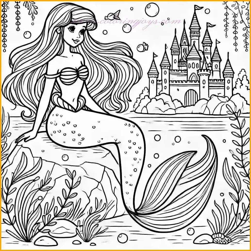 This enchanting coloring page showcases Ariel, the little mermaid, sitting gracefully on a rock near an underwater castle. Her flowing hair and elegant mermaid tail add charm to the scene. The background is adorned with simple yet delightful elements such as seaweed, bubbles, and a distant castle, enhancing the magical underwater setting. Children can use bright colors like red for Ariel’s hair, green for her tail, and soft shades for the castle and sea plants. The clear and thin outlines make this coloring page an enjoyable and easy activity for kids of all ages.