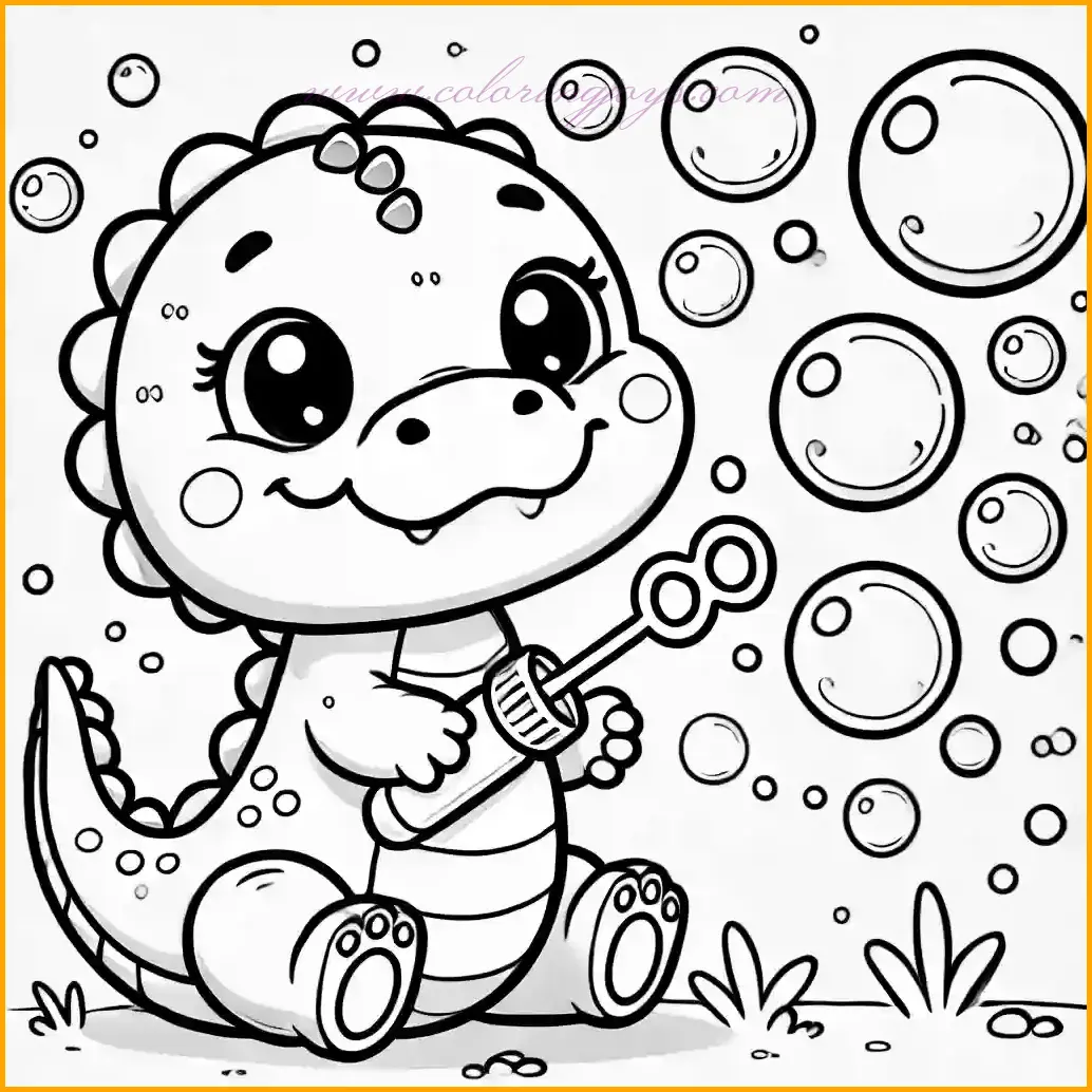 This Baby Crocodile coloring pages illustration features a playful baby crocodile blowing bubbles with a bubble wand. The crocodile has a cheerful expression, with big, happy eyes and a wide smile, surrounded by floating bubbles of different sizes. The background is minimal, focusing on the crocodile and the bubbles, ensuring a fun and simple design for kids to color. Bold outlines and large open spaces make it easy for young artists. Use green for the crocodile, and let your creativity shine with colorful bubbles to bring the scene to life.