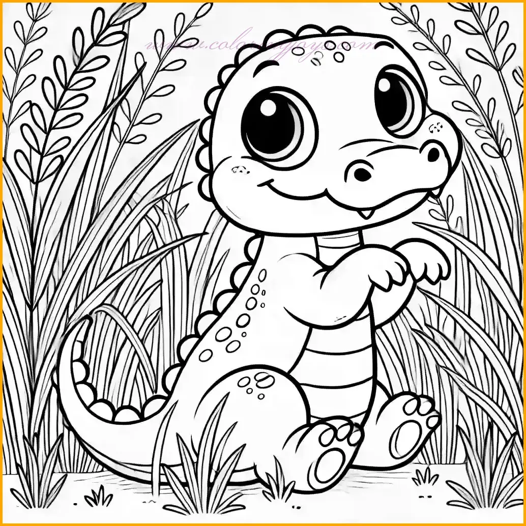 This Baby Crocodile coloring pages illustration features a playful baby crocodile peeking out from behind tall blades of grass. With its head and front claws visible, the crocodile’s curious eyes and friendly smile make it an engaging and fun image for kids to color. The scene is simple and minimalistic, with just a few blades of grass and plenty of open space to encourage creativity. Use green for the baby crocodile, light green for the grass, and let your imagination decide the background colors. The bold outlines ensure an easy and enjoyable coloring experience for children.