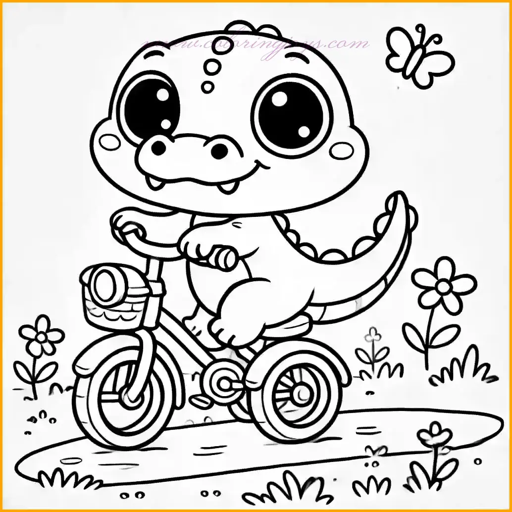This Baby Crocodile coloring pages illustration shows a cheerful baby crocodile riding a small bicycle along a grassy path. The crocodile has big, happy eyes and a wide smile, with its tail playfully trailing behind as it pedals. The background includes simple details like a few flowers and blades of grass, making the scene charming yet uncluttered. The bold outlines and large open spaces make this image ideal for young artists. Use green for the crocodile, bright colors for the bicycle, and various hues for the flowers and grass to bring this delightful outdoor scene to life.