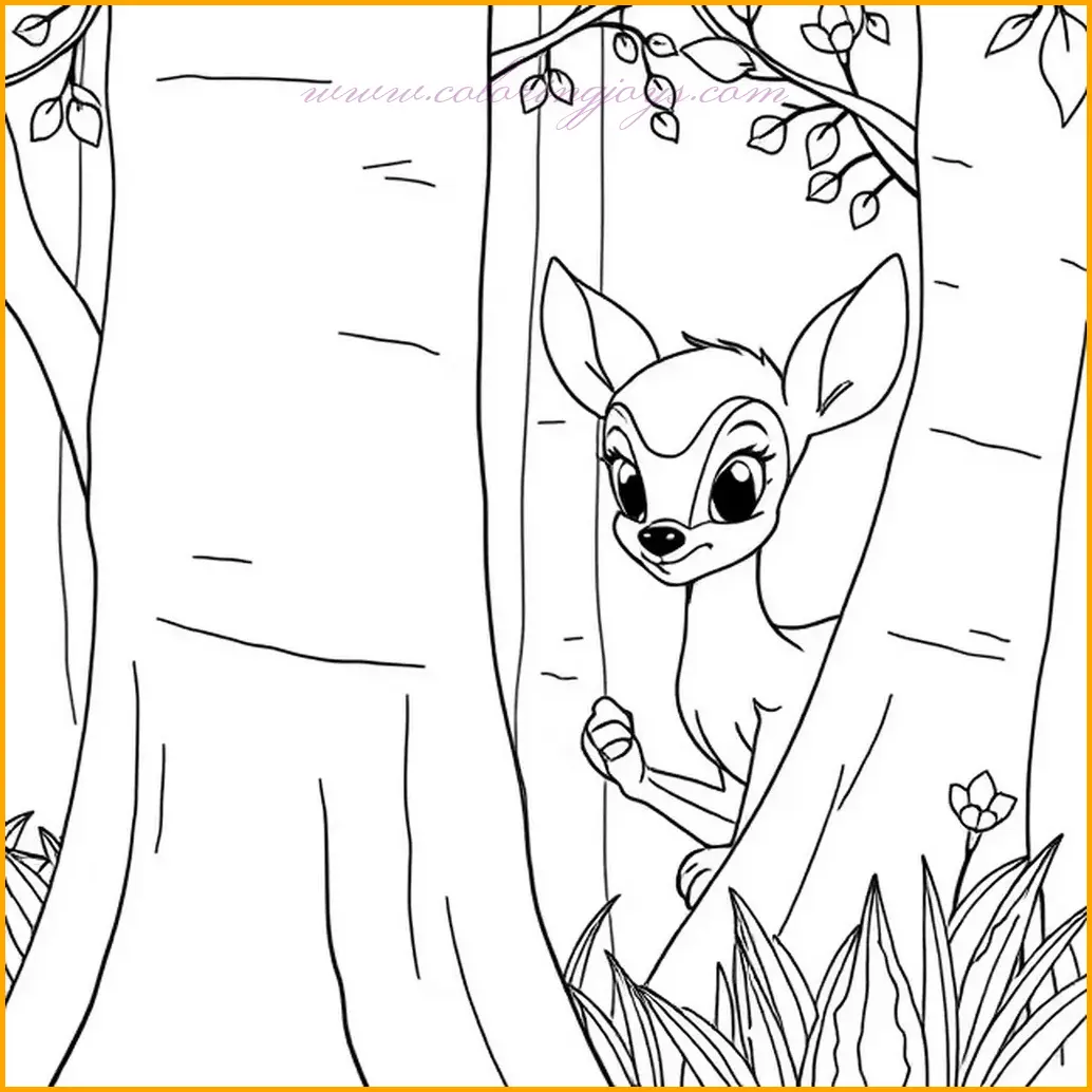 In this charming bambi coloring page, Bambi and his playful rabbit friend Thumper are captured mid-game, peeking out from behind tall forest trees. The scene is brimming with mischief and laughter as the two friends enjoy their hide-and-seek adventure. Use earthy browns and greens to color the towering trees, giving them a rich texture. For Bambi, soft brown hues with white accents work beautifully, while Thumper shines with a light gray coat. Add dappled sunlight filtering through the tree canopy to enhance the forest atmosphere.