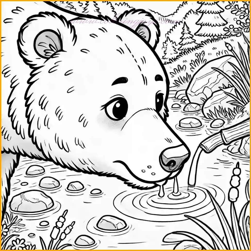 This nature-inspired coloring book page features a close-up of a bear drinking water from a forest stream. The bear leans toward the stream with a calm and focused expression, creating a serene moment in the wild. The background includes simple details like rocks and grass to enhance the natural setting. With bold outlines and large open spaces, this design makes coloring fun and accessible for kids. Children can bring the scene to life by adding their favorite colors to the bear, water, and surrounding nature.