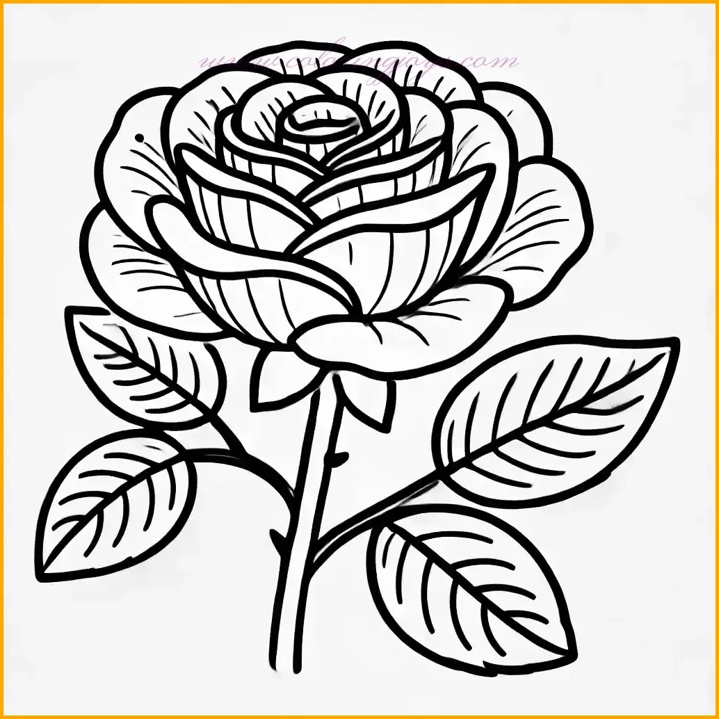 This coloring page presents a single, magnificent rose with elegantly layered petals and two broad leaves extending from its base. The rose is drawn using bold, clear outlines that make it simple and fun for children to color. With no background to distract, young artists can focus on adding vibrant reds, pinks, or even unique colors like orange or yellow to the petals. The leaves provide ample space for creative shades of green, encouraging artistic expression. This clean and minimalistic design is perfect for fostering creativity and bringing the beauty of a rose to life through coloring.