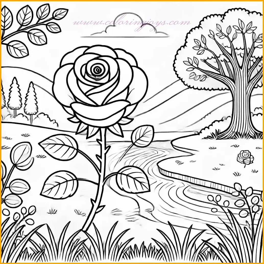 This coloring page features a single beautiful rose with bold, clear outlines, set against a calming natural backdrop. The rose stands tall with its petals fully bloomed, while a flowing river winds through the background. A simple tree with a few leaves and soft grass at the base complete the tranquil scene. The design is spacious and easy to color, inviting children to use bright hues for the rose and creative shades for the tree, grass, and river to bring this serene outdoor setting to life.