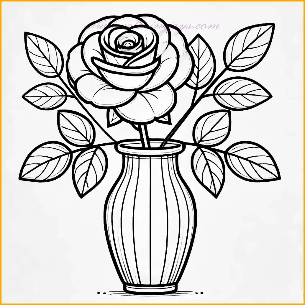 This coloring page showcases a single, stunning rose with neatly layered petals and two smooth leaves, placed in a tall, sleek vase. The design is drawn with bold and clean outlines, ensuring a tidy and polished appearance that is perfect for children to color. The simplicity of the vase highlights the elegance of the rose, providing ample space for creative coloring. Use vibrant hues for the rose petals, green for the leaves, and soft or bold shades for the vase to create a beautiful and serene masterpiece. This minimalistic design is both enjoyable and inspiring for young artists.