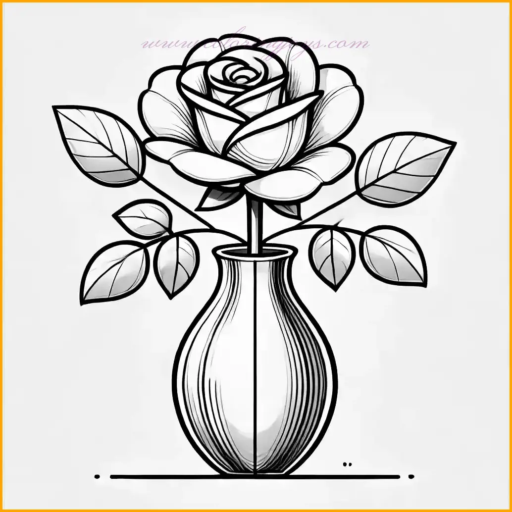 This coloring page features a single, exquisite rose with gracefully layered petals and two smooth leaves, elegantly displayed in a modern, sleek vase. The polished design, drawn with bold and clean lines, offers a refined yet simple composition that focuses on the beauty of the rose. The minimalistic style ensures ample open spaces, making it easy and enjoyable for children to color. Use bright and lively hues for the petals, fresh greens for the leaves, and neutral or bold colors for the vase to create a stylish and serene piece of art. This design inspires creativity while maintaining a clean and tidy appearance.