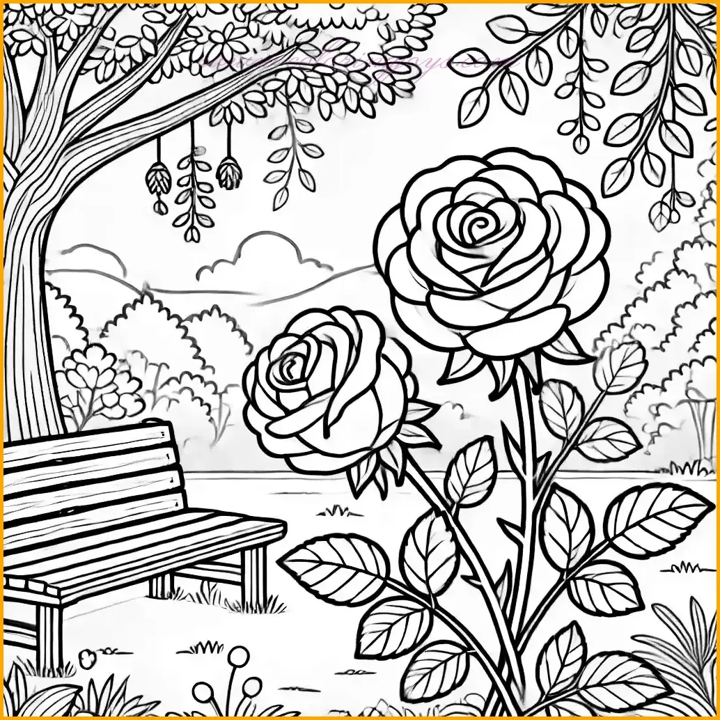 This coloring page showcases two lovely roses with bold and simple outlines, ideal for children’s coloring activities. The tranquil scene includes a wooden bench placed nearby, a tree with a few hanging leaves, and a clear, open sky. The large spaces and minimalistic design make it easy to add bright and creative colors. Use vivid shades for the roses, earthy tones for the bench, and greens for the tree to bring the peaceful outdoor setting to life.