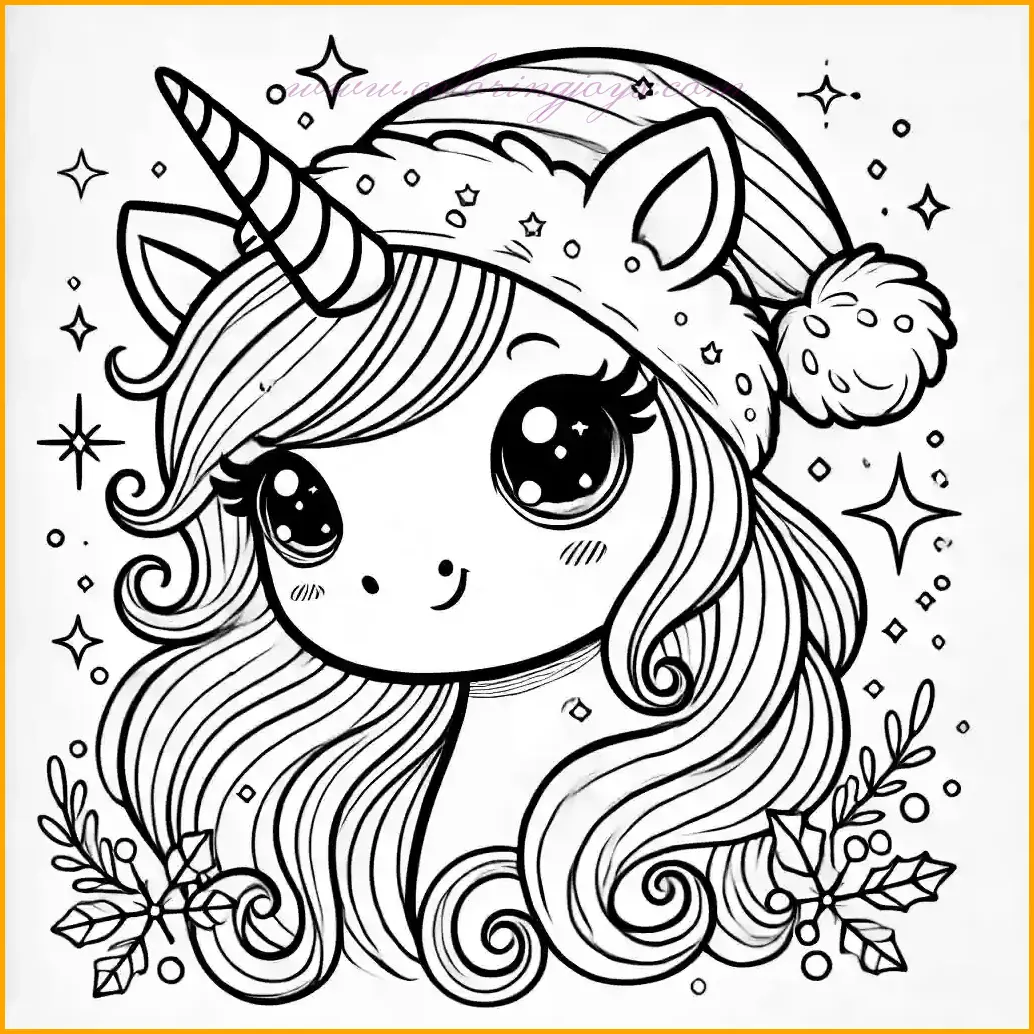 This coloring page showcases a beautifully designed unicorn face with big sparkling eyes, a flowing mane, and a festive Santa hat. The design is simple yet charming, with no background distractions, allowing kids to focus on the unicorn's adorable expression. Bold, clean lines and large open spaces make it easy and enjoyable to color. Use red and white for the Santa hat, bright shades for the mane, and let kids bring the unicorn's eyes to life with their favorite colors. This enchanting design is perfect for creating a magical holiday artwork!