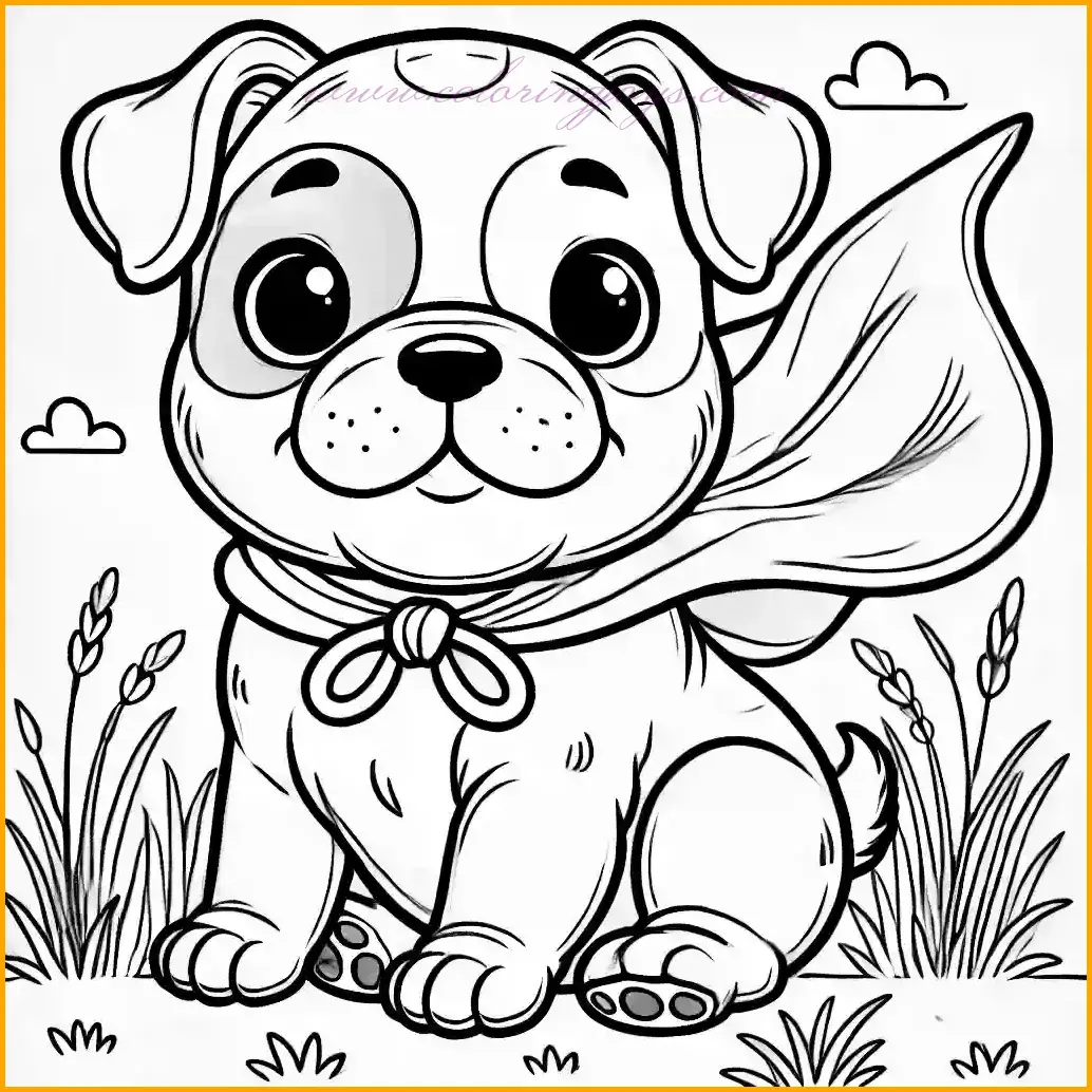This fun coloring page features an adorable bulldog puppy sitting proudly while wearing a flowing superhero cape. The puppy has floppy ears, big round eyes, and a joyful expression that makes it look heroic and cute. The cape drapes neatly behind the puppy, adding a playful and creative element. The background is minimal, with a few blades of grass, ensuring a simple and clean design. The bold, clear lines make it perfect for kids to color easily. Use gray or light brown for the puppy, bright red or blue for the cape, and green for the grass to complete this heroic scene.