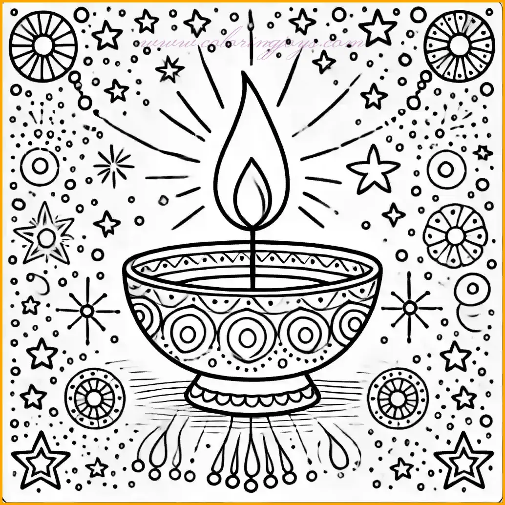 This festive coloring page features a large diya lamp at the center, radiating a warm, bright flame surrounded by a simple pattern of stars and sparkles. The diya includes easy-to-color decorative details, designed with bold, clear outlines to make the coloring process fun and straightforward for kids. Add vibrant colors like orange and yellow to the flame, bright tones for the diya, and let the stars sparkle with light shades of yellow or silver. The plain background allows space for creativity, making this an ideal activity to celebrate the joy of Diwali!