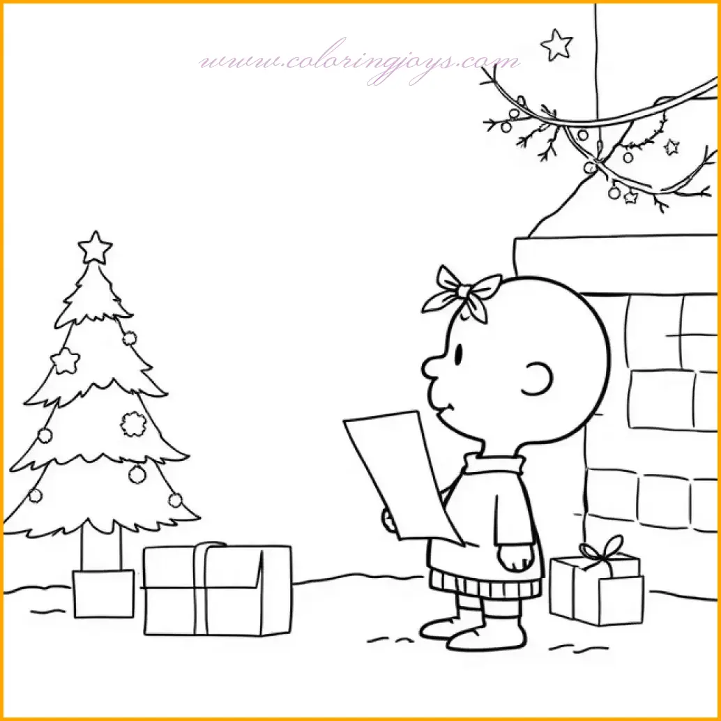 This delightful image captures Charlie Brown sitting down and opening a Christmas card. He looks pleasantly surprised, with a cozy winter setting in the background. Use bright colors for the card, such as red and green with festive designs, and earthy tones for Charlie Brown’s outfit. The snowy background can be brought to life with light blues and whites, adding warmth to this joyful moment.