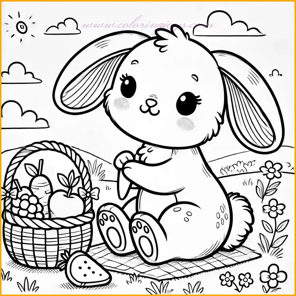 This delightful coloring page features a bunny enjoying a cozy picnic in a grassy field. The bunny has floppy ears, a fluffy tail, and a content expression as it sits beside a small basket filled with fruits. The scene includes a few simple flowers and blades of grass, making it visually appealing without being overly detailed. Use light brown or gray for the bunny, colorful shades for the fruits, and green for the grass to create a vibrant picnic scene. Perfect for a fun and easy coloring activity!