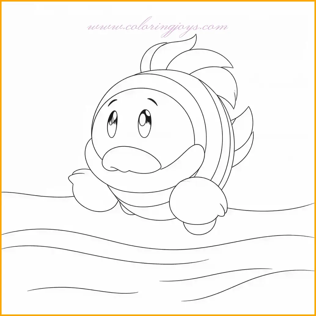 This coloring page features Cheep Cheep, the cheerful fish from the Super Mario universe, swimming gracefully in calm waters. Bring this aquatic character to life with bright red for the body and white for the fins. Use golden yellow for the lips and belly to add a touch of charm. The water background can be filled with a soothing gradient of blue, with bubbles and seaweed in different shades of green for added detail. Encourage children to create their own underwater scene by adding more marine life or treasures.