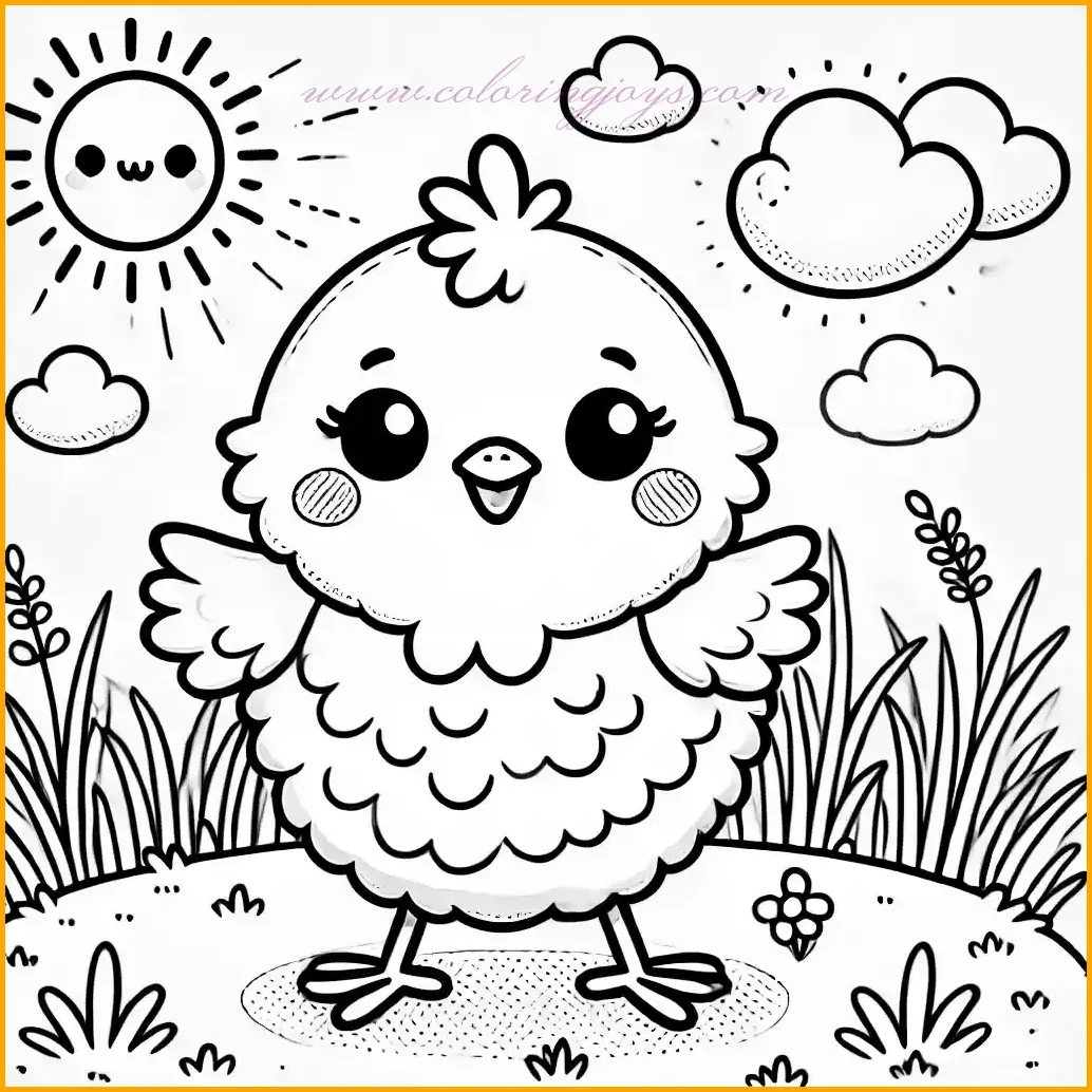 This playful and adorable coloring page features a cheerful baby chick with a round body and fluffy feathers. The chick stands proudly in the center of a grassy field, its small triangular beak open as if chirping happily. The chick’s wide eyes and joyful expression make it especially appealing for children. The background adds a sunny atmosphere with a bright sun shining in the clear sky, a couple of fluffy clouds, and scattered tufts of grass. Kids can use yellow for the chick, blue for the sky, green for the grass, and golden yellow for the sun. The bold outlines and large, open spaces make it simple to color while encouraging creativity and focus. This page is ideal for little artists to enjoy and explore their imagination!