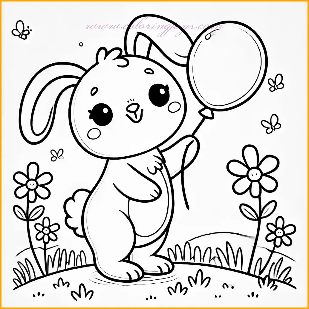 This playful coloring page features a bunny standing in a meadow, holding a balloon with a big, happy smile. The bunny’s long ears, fluffy tail, and cheerful pose make it an adorable subject for children to color. The balloon floats above, adding an element of fun, while the background includes a few simple flowers and tufts of grass for variety. Bold outlines and large, open spaces make it easy for young artists to color. Use bright colors for the balloon, soft tones for the bunny, and greens for the grass to bring this lively scene to life!